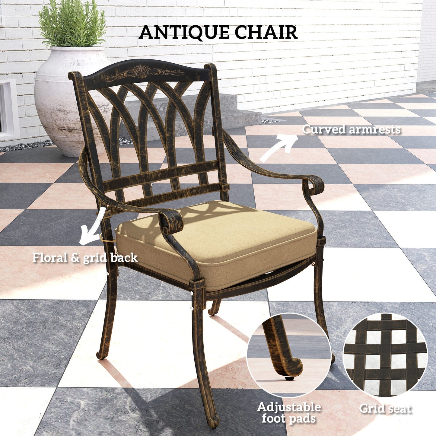 5 Pieces Cast Aluminium Garden Dining Set, 4 Seater Garden Table and Chairs with Parasol Hole, Outdoor Garden Furniture Set with Cushions for Patio, Bronze Tone