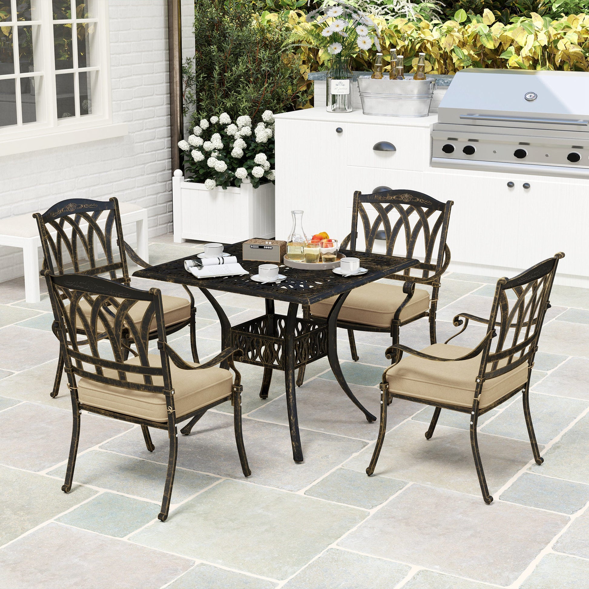 5 Pieces Cast Aluminium Garden Dining Set, 4 Seater Garden Table and Chairs with Parasol Hole, Outdoor Garden Furniture Set with Cushions for Patio, Bronze Tone