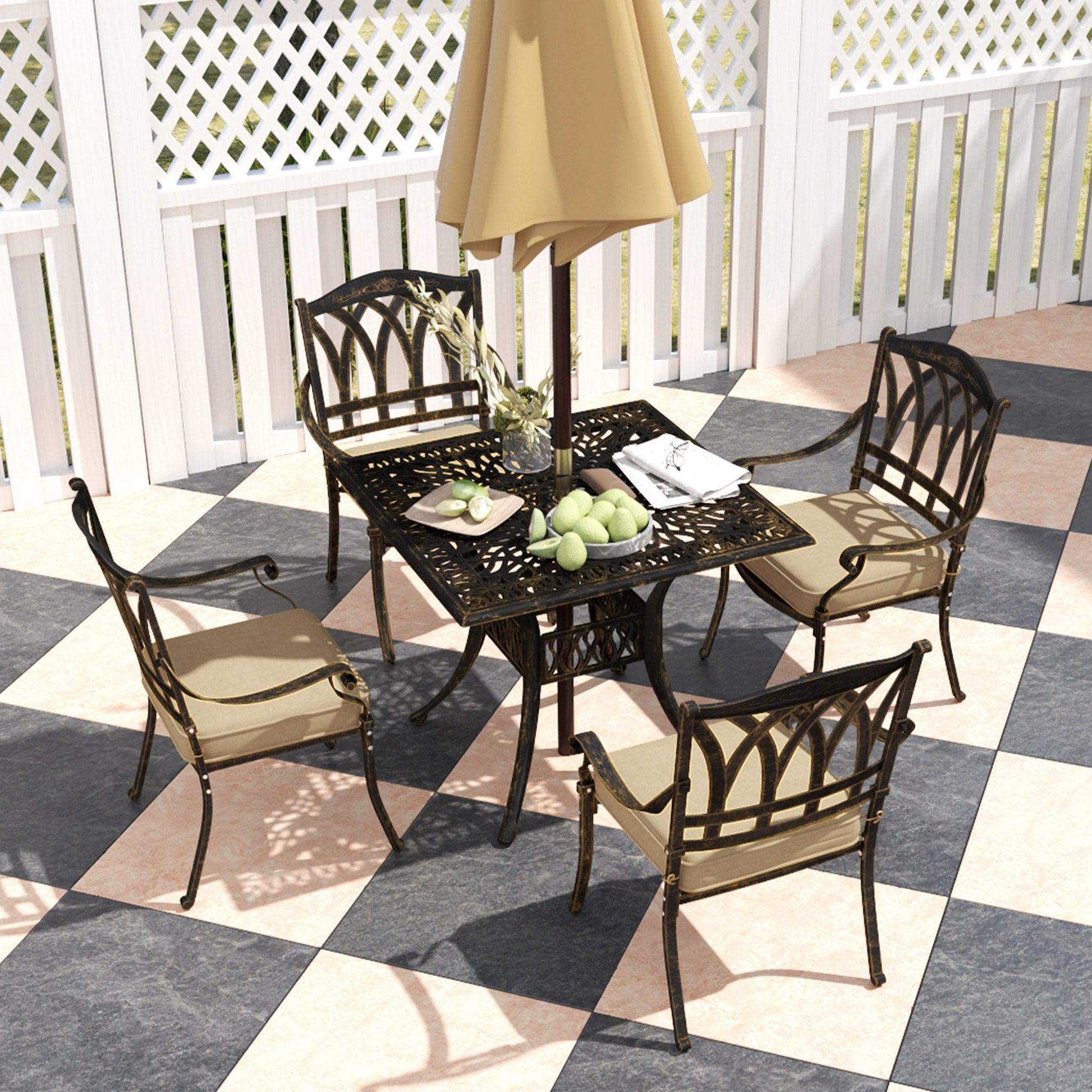 5 Pieces Cast Aluminium Garden Dining Set, 4 Seater Garden Table and Chairs with Parasol Hole, Outdoor Garden Furniture Set with Cushions for Patio, Bronze Tone