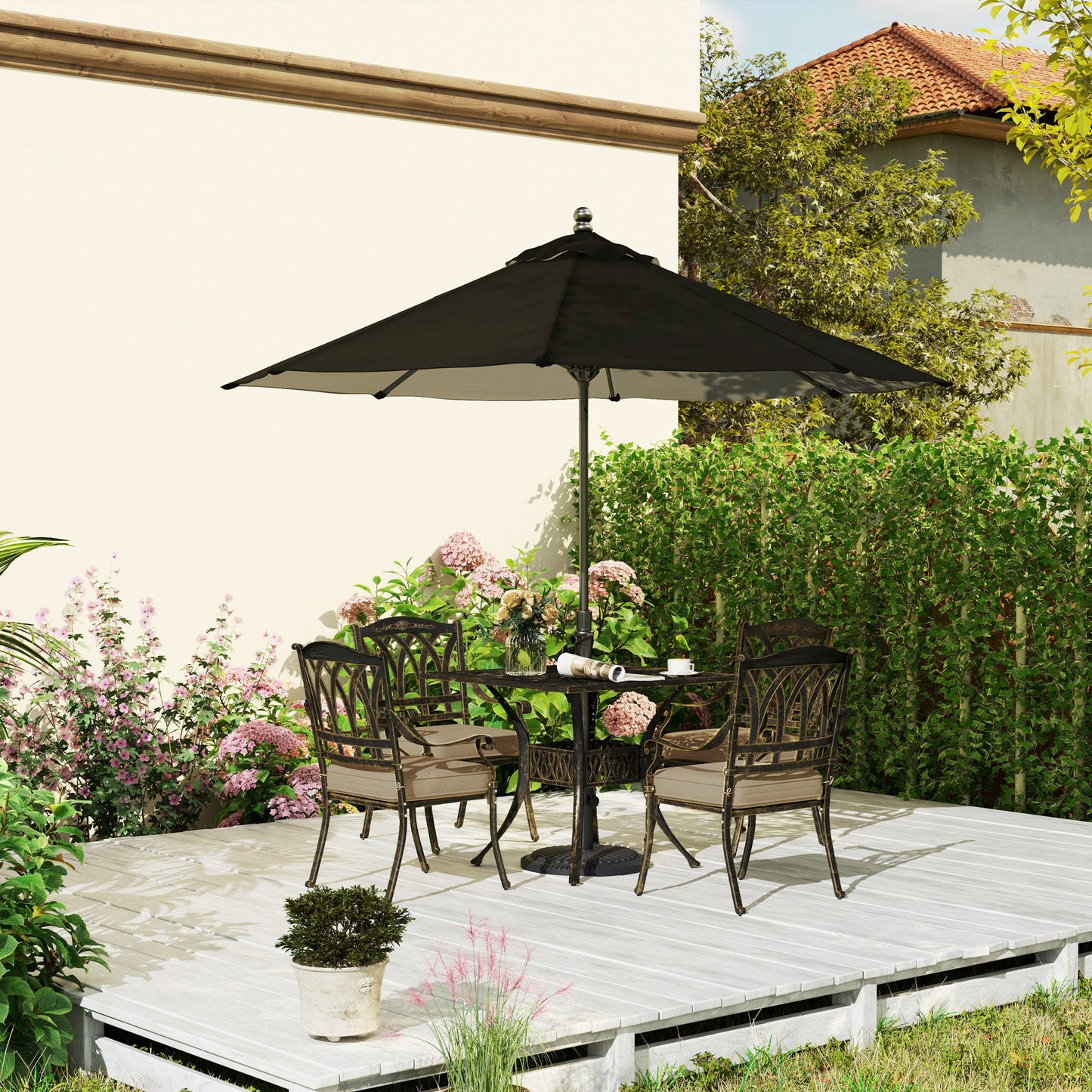 5 Pieces Cast Aluminium Garden Dining Set, 4 Seater Garden Table and Chairs with Parasol Hole, Outdoor Garden Furniture Set with Cushions for Patio, Bronze Tone