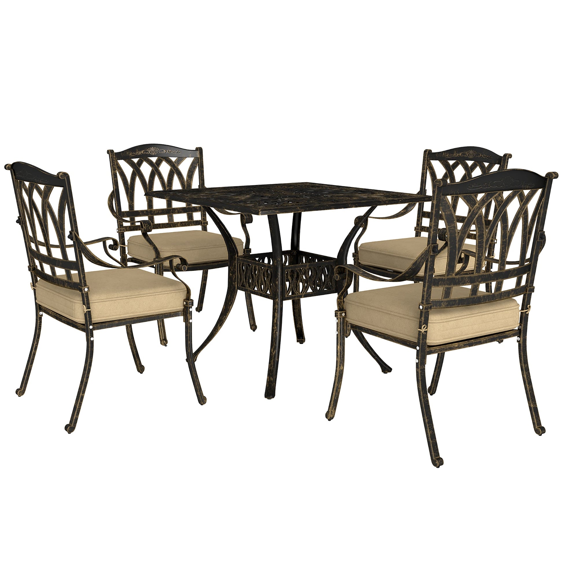 5 Pieces Cast Aluminium Garden Dining Set, 4 Seater Garden Table and Chairs with Parasol Hole, Outdoor Garden Furniture Set with Cushions for Patio, Bronze Tone