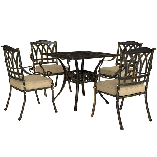 5 Pieces Cast Aluminium Garden Dining Set, 4 Seater Garden Table and Chairs with Parasol Hole, Outdoor Garden Furniture Set with Cushions for Patio, Bronze Tone
