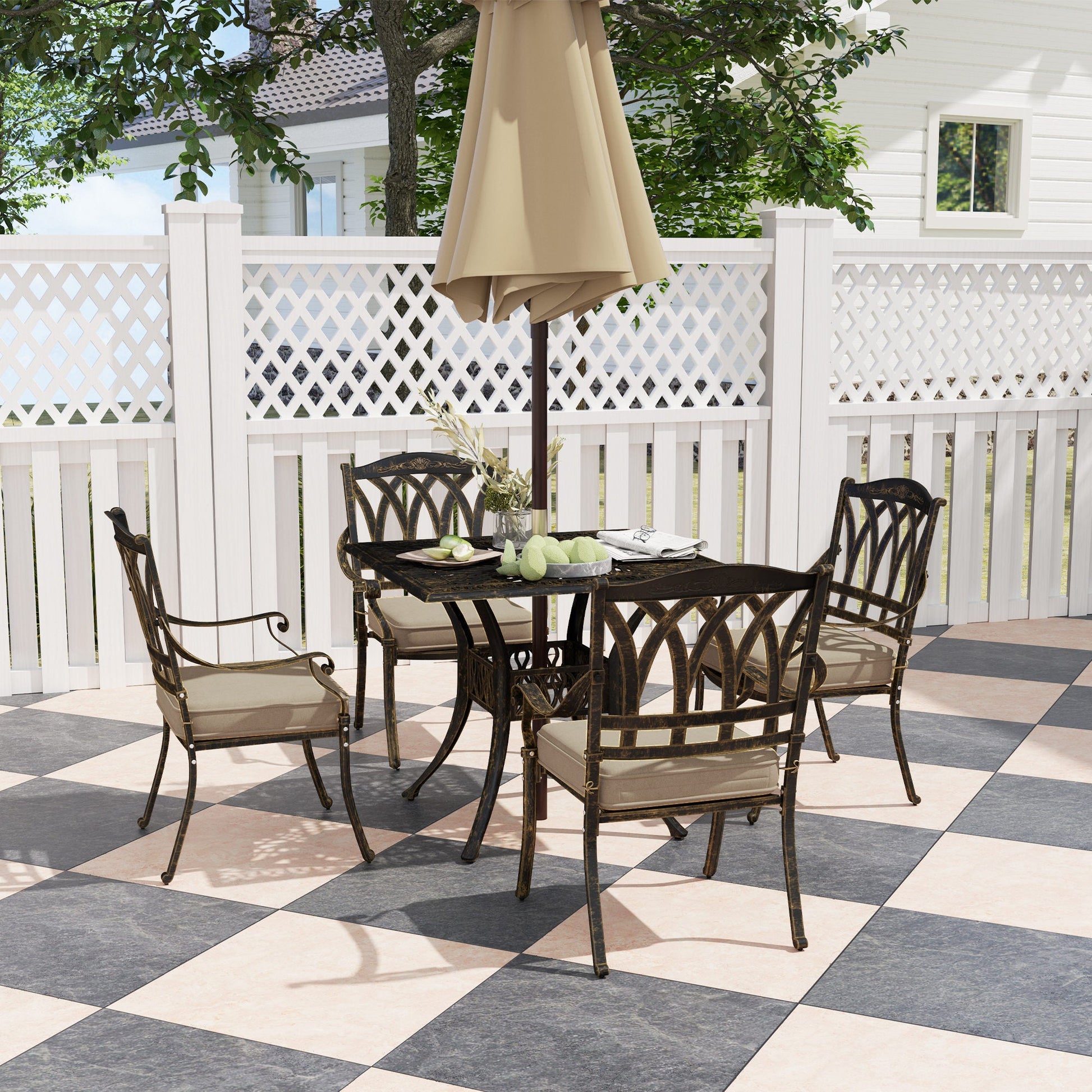 5 Pieces Cast Aluminium Garden Dining Set, 4 Seater Garden Table and Chairs with Parasol Hole, Outdoor Garden Furniture Set with Cushions for Patio, Bronze Tone