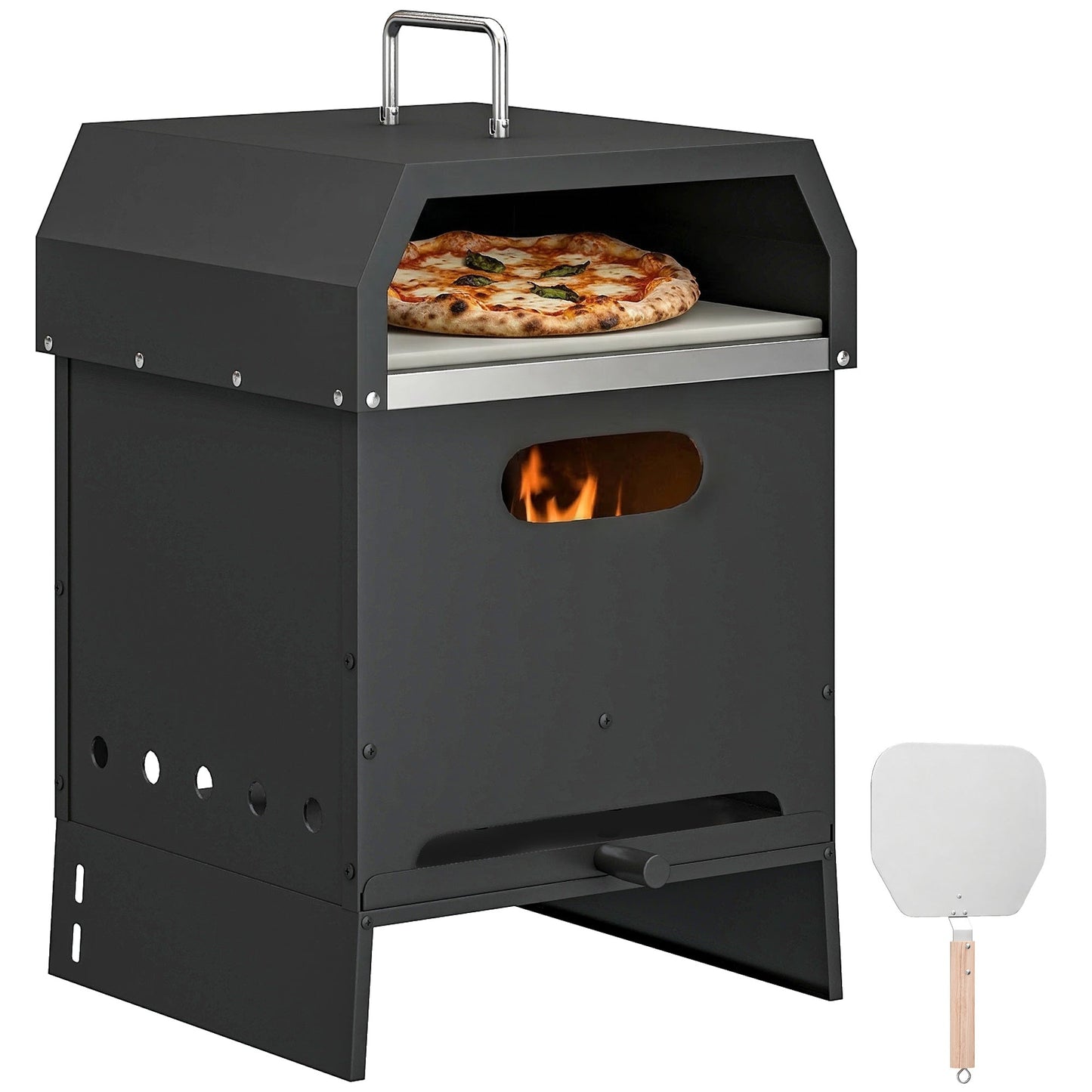 3 in 1 Outdoor Pizza Oven, Portable Wood Fired Pizza Maker with Handles, Stone and Peel, Charcoal BBQ Grill for Garden, Party, Camping, Picnic