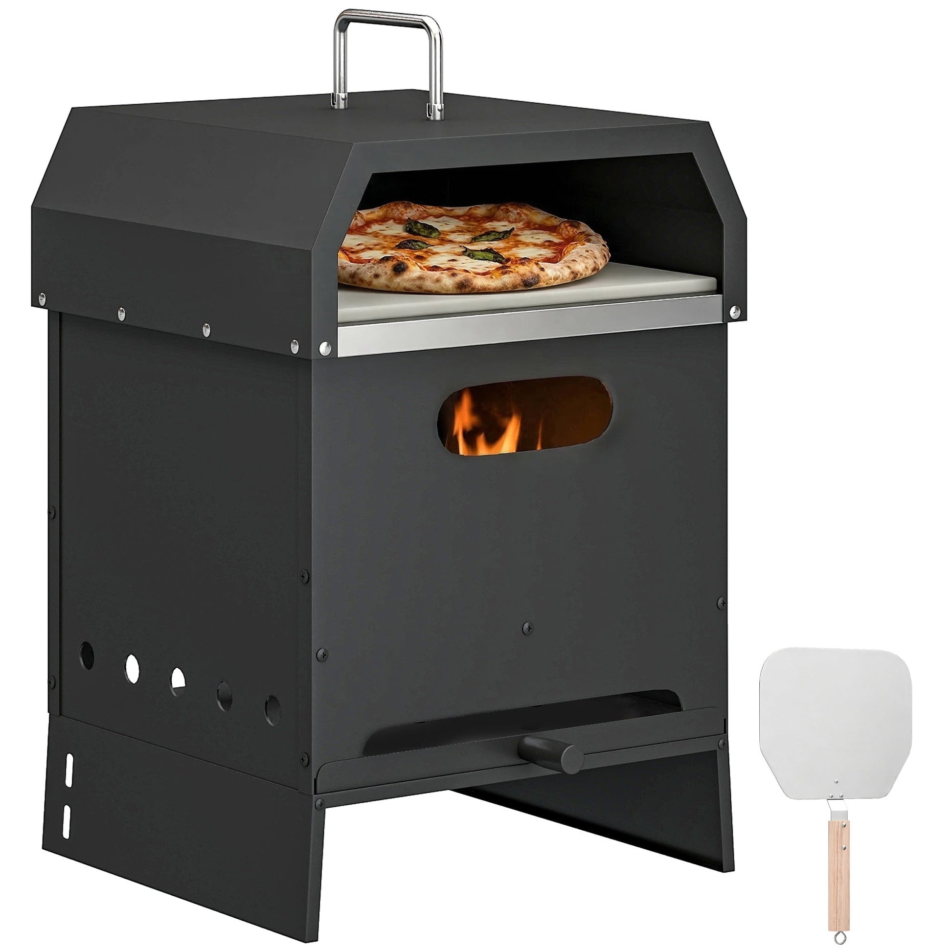3 in 1 Outdoor Pizza Oven, Portable Wood Fired Pizza Maker with Handles, Stone and Peel, Charcoal BBQ Grill for Garden, Party, Camping, Picnic