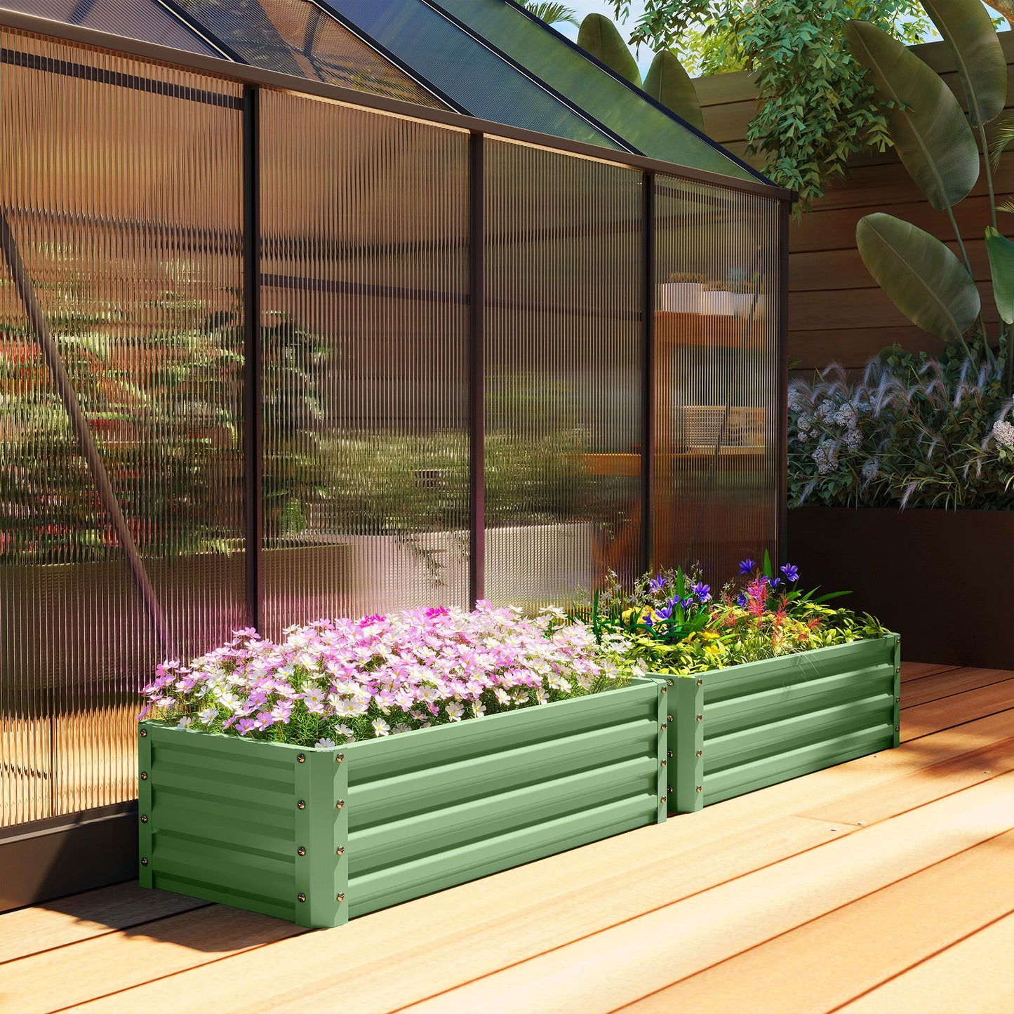 Set of 2 Raised Garden Bed, Outdoor Planter Box with Galvanised Steel Frame for Growing Vegetables, Flowers and Herbs, 110 x 50 x 30cm, Light Green