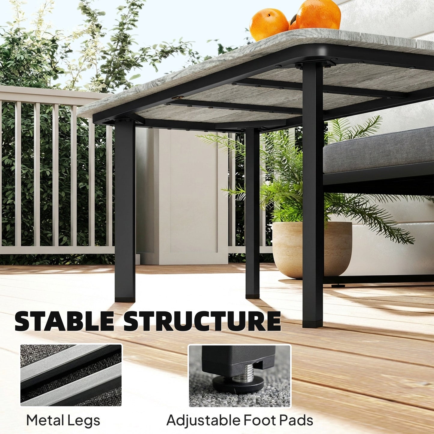 Outdoor Coffee Table, Rectangle Garden Table with Slatted Wood Plastic Composite Top, Metal Frame Garden Tables for Patio, Balcony, Terrace, 90 x 49 x 40 cm, Grey