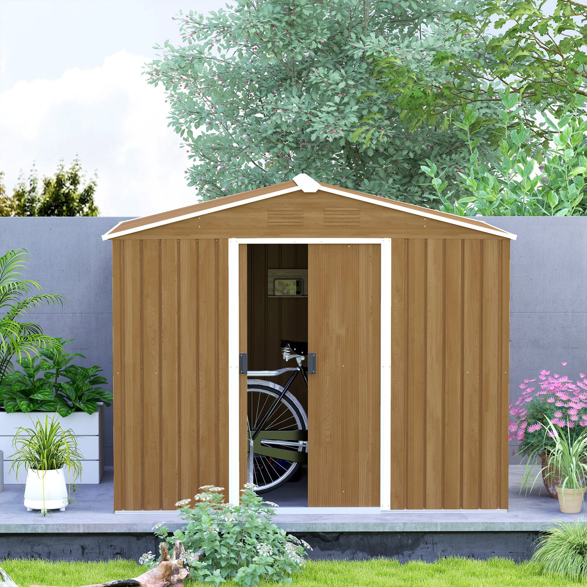 7.7 x 5.7ft Metal Garden Shed with Ventilation Slots and Sliding Doors, Galvanised Outdoor Tool Storage House, Brown Wood Effect