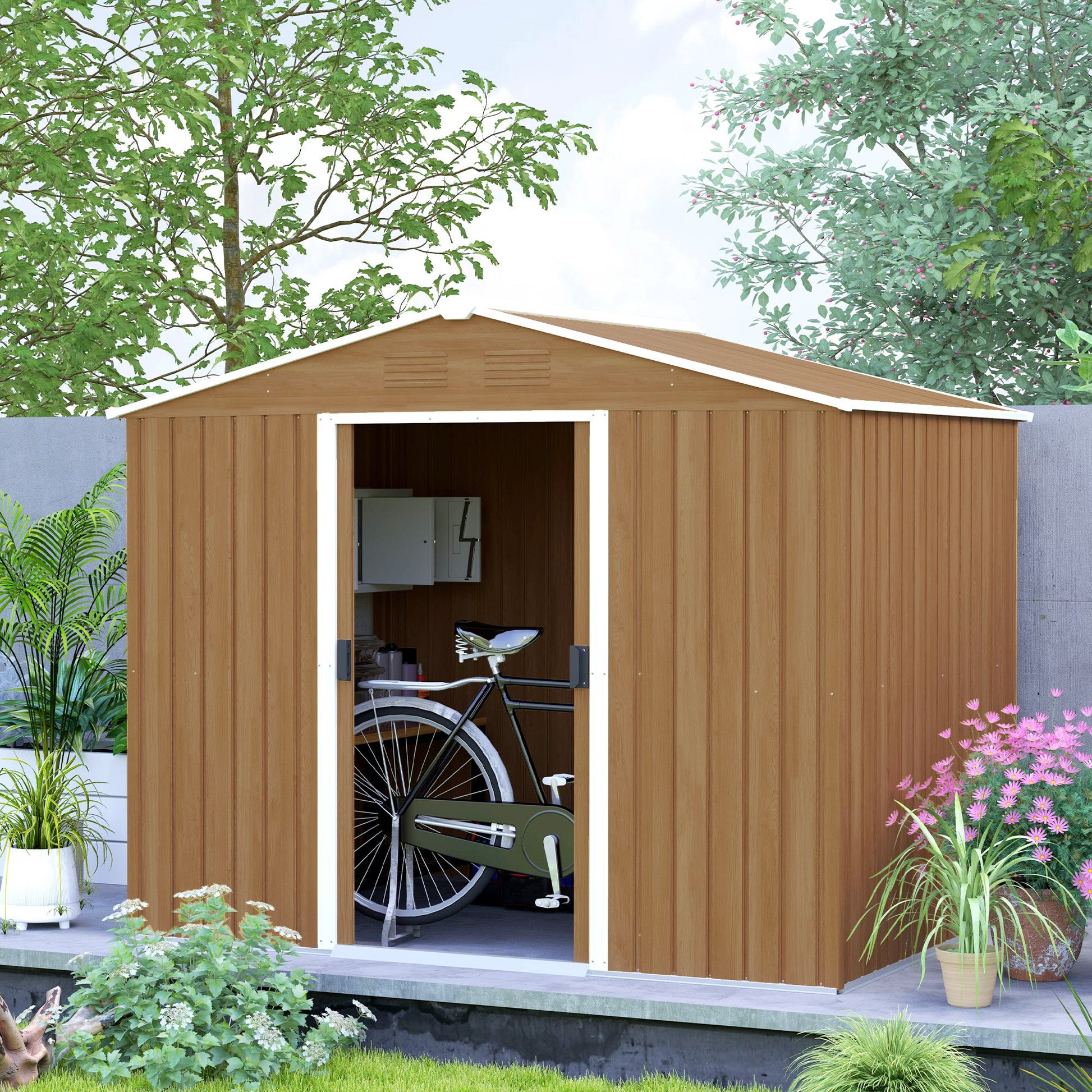 7.7 x 5.7ft Metal Garden Shed with Ventilation Slots and Sliding Doors, Galvanised Outdoor Tool Storage House, Brown Wood Effect