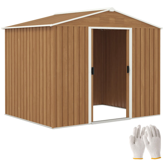 7.7 x 5.7ft Metal Garden Shed with Ventilation Slots and Sliding Doors, Galvanised Outdoor Tool Storage House, Brown Wood Effect