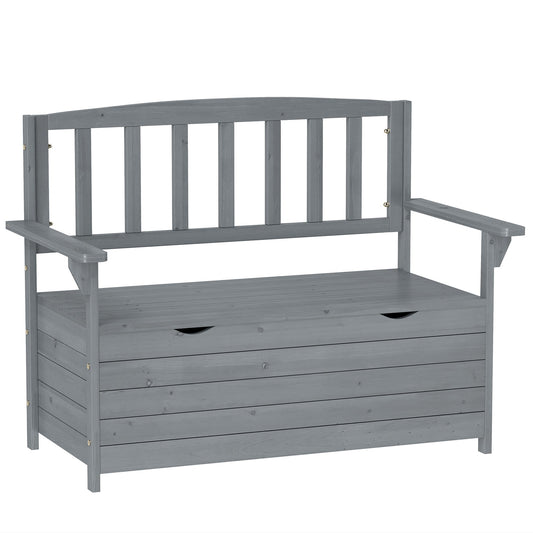 Outdoor 2 Seater Garden Bench, Wooden Bench with Storage, Garden Storage Bench with Backrest, Arm Rests for Outdoor Patio Porch, 112 x 84 x 58 cm, Dark Grey