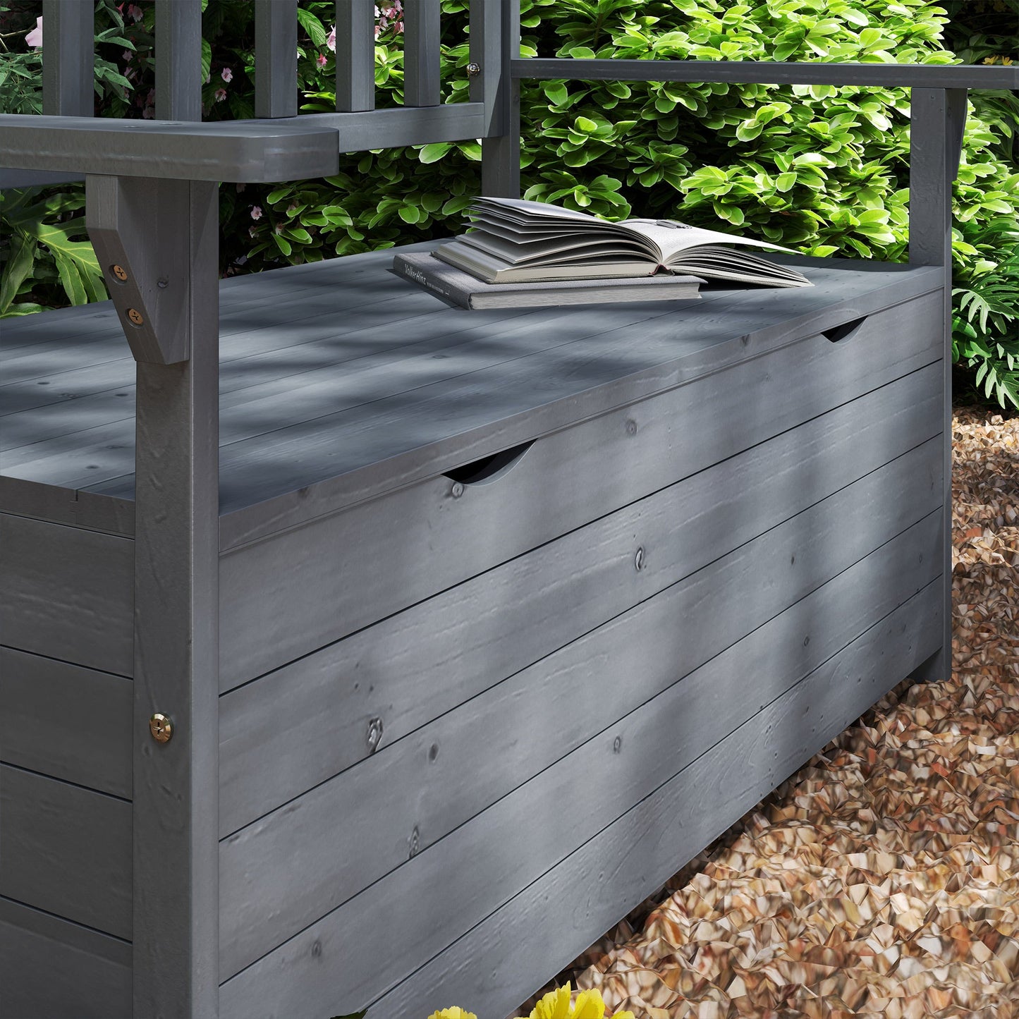 Outdoor 2 Seater Garden Bench, Wooden Bench with Storage, Garden Storage Bench with Backrest, Arm Rests for Outdoor Patio Porch, 112 x 84 x 58 cm, Dark Grey