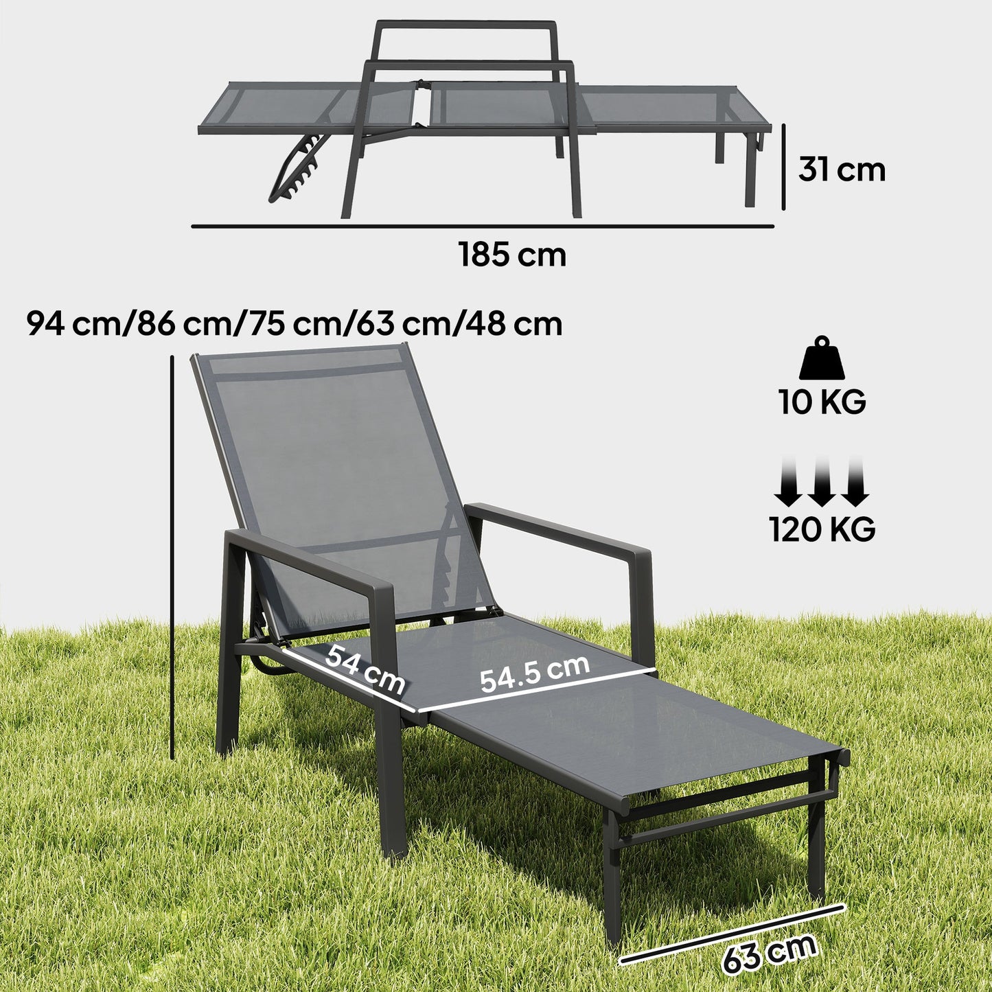 Sun Loungers Set of 2 with Retractable Footrest, 5-Position Adjustable Reclining Garden Lounger, Garden Chaise Lounge Sunbed Recliner Chair w/ Steel Frame for Beach, Porch, Patio, Dark Grey