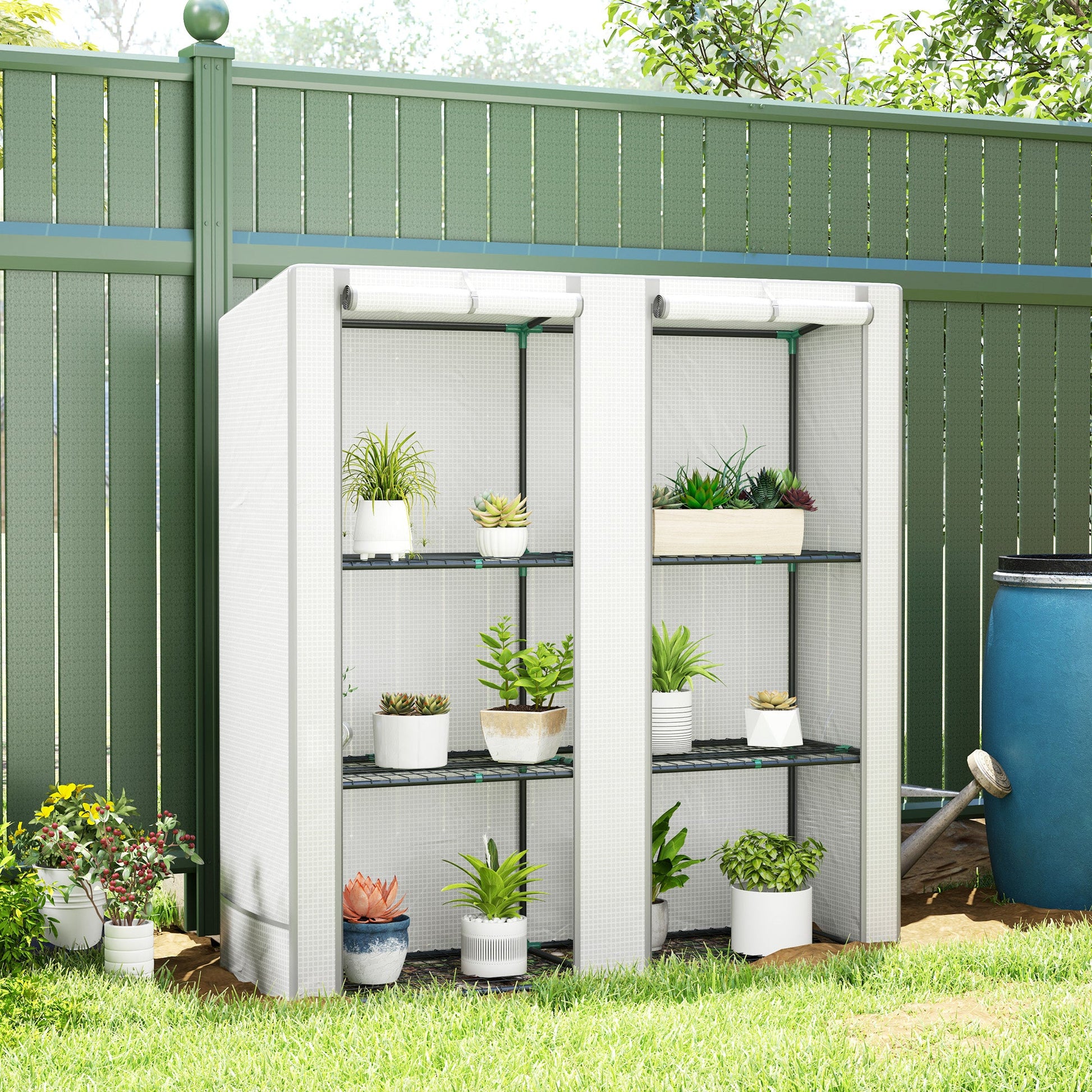 3 Tier Lean-to Mini Greenhouse with Reinforced PE Cover, Portable Small Greenhouse with Roll-Up Door, Grey Hemmed Edging, 144 x 48 x 152cm, White
