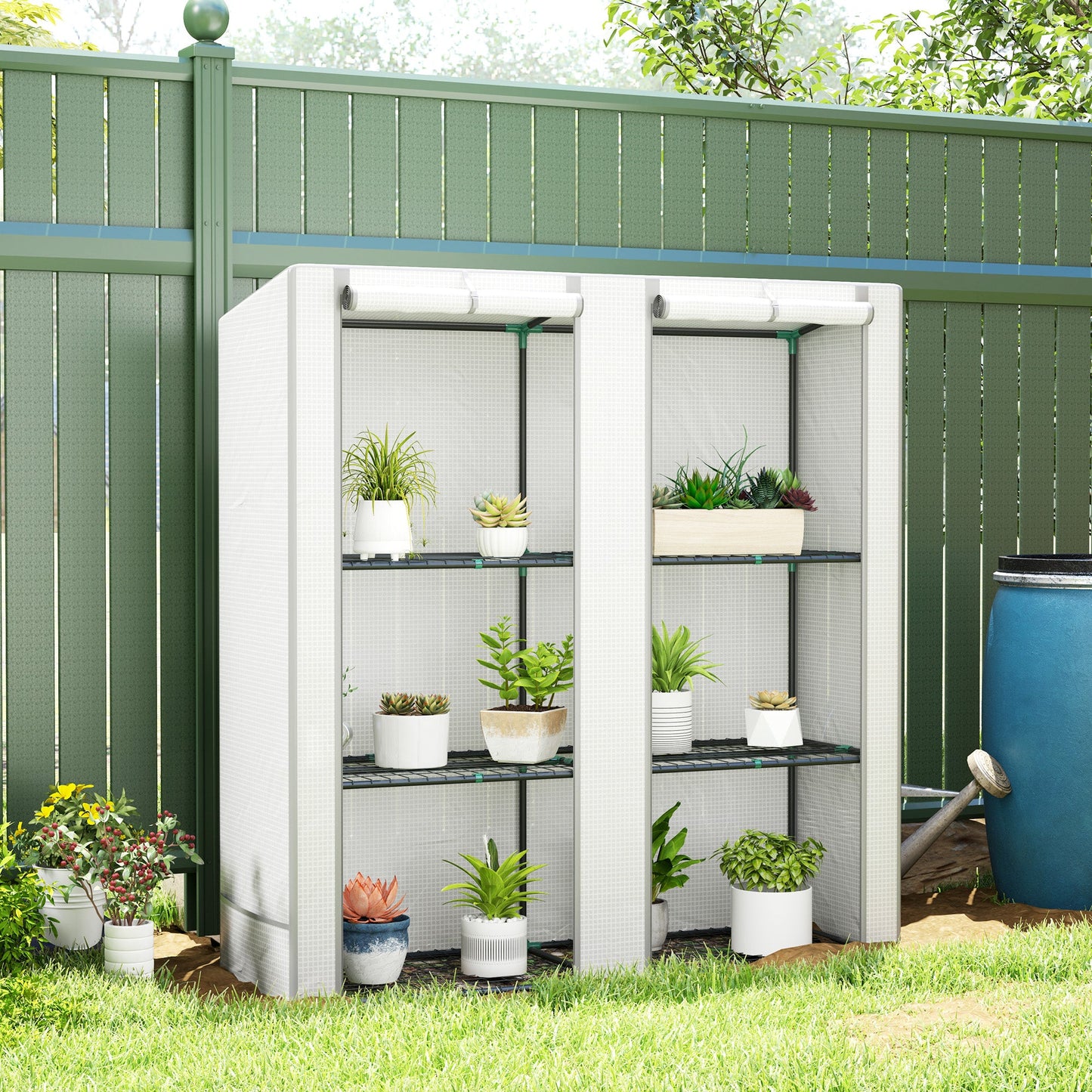 3 Tier Lean-to Mini Greenhouse with Reinforced PE Cover, Portable Small Greenhouse with Roll-Up Door, Grey Hemmed Edging, 144 x 48 x 152cm, White