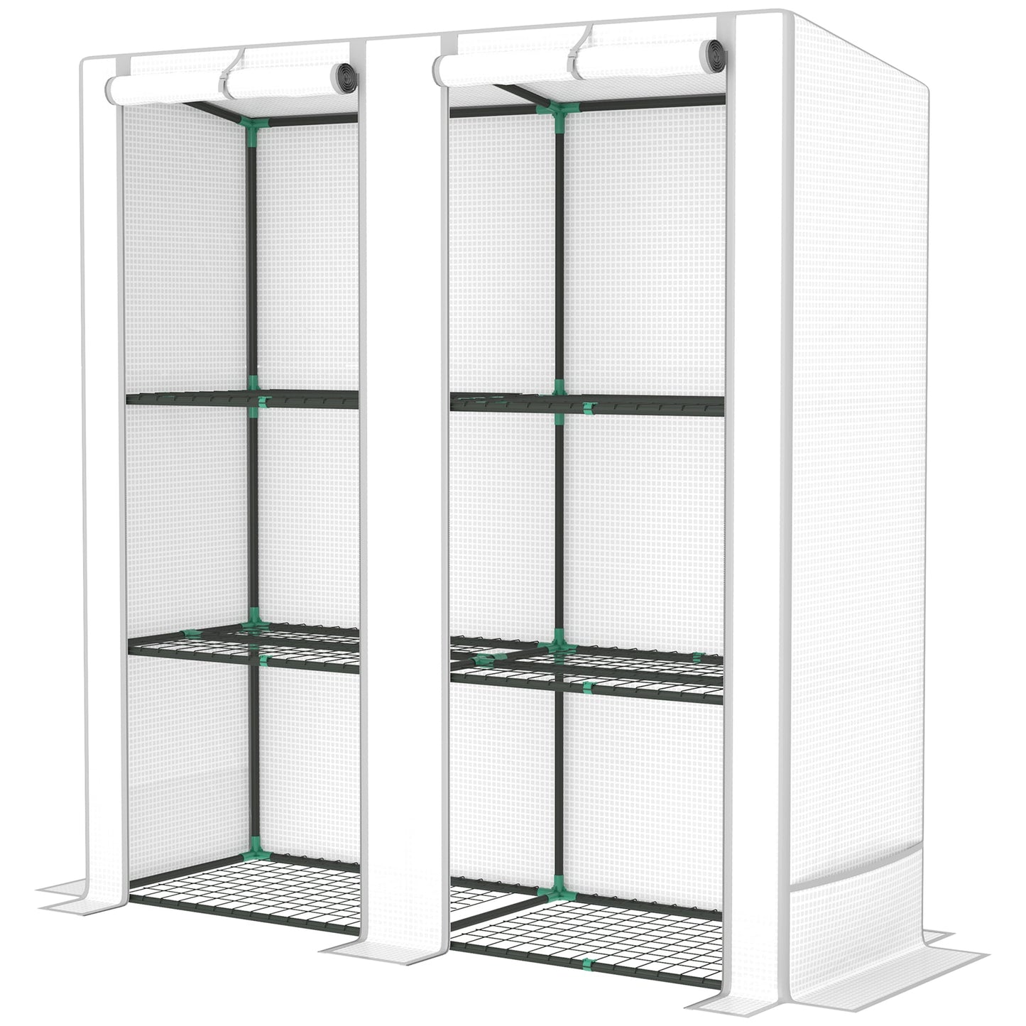 3 Tier Lean-to Mini Greenhouse with Reinforced PE Cover, Portable Small Greenhouse with Roll-Up Door, Grey Hemmed Edging, 144 x 48 x 152cm, White
