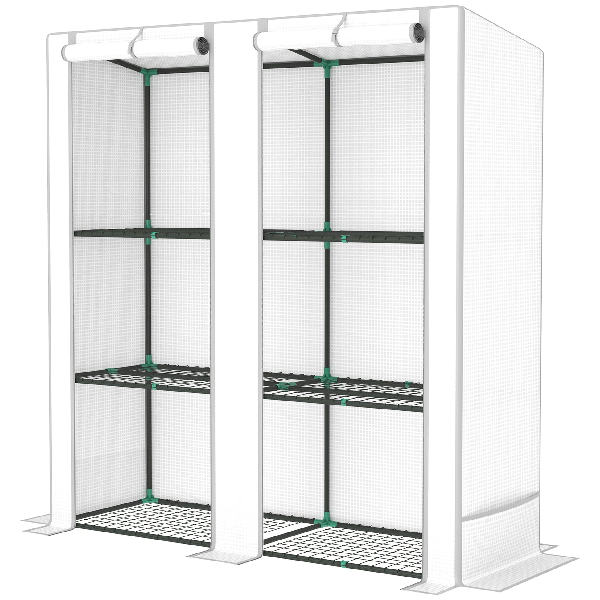 3 Tier Lean-to Mini Greenhouse with Reinforced PE Cover, Portable Small Greenhouse with Roll-Up Door, Grey Hemmed Edging, 144 x 48 x 152cm, White