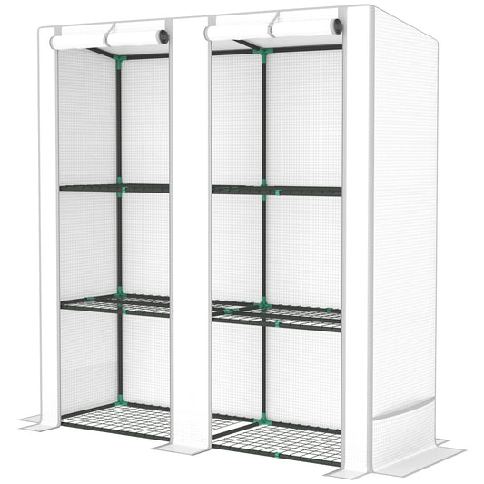 3 Tier Lean-to Mini Greenhouse with Reinforced PE Cover, Portable Small Greenhouse with Roll-Up Door, Grey Hemmed Edging, 144 x 48 x 152cm, White