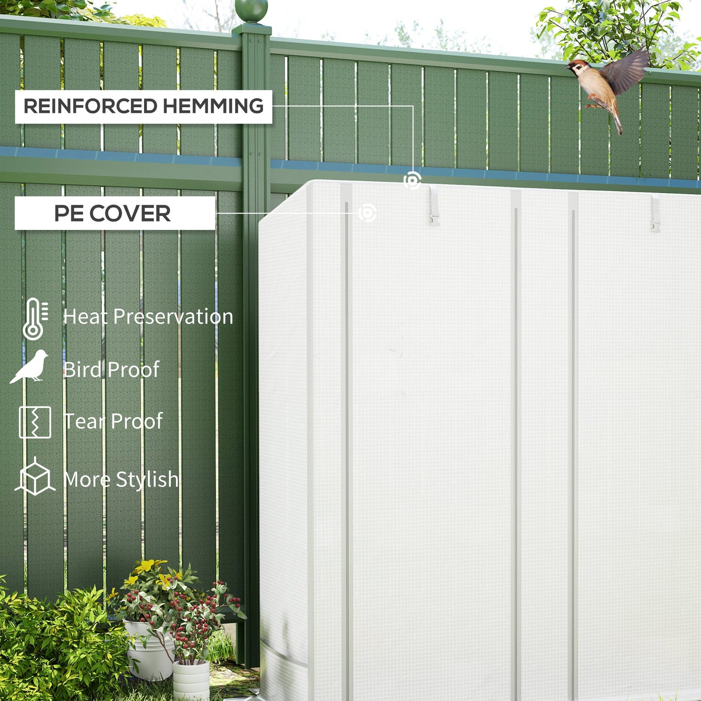 3 Tier Lean-to Mini Greenhouse with Reinforced PE Cover, Portable Small Greenhouse with Roll-Up Door, Grey Hemmed Edging, 144 x 48 x 152cm, White