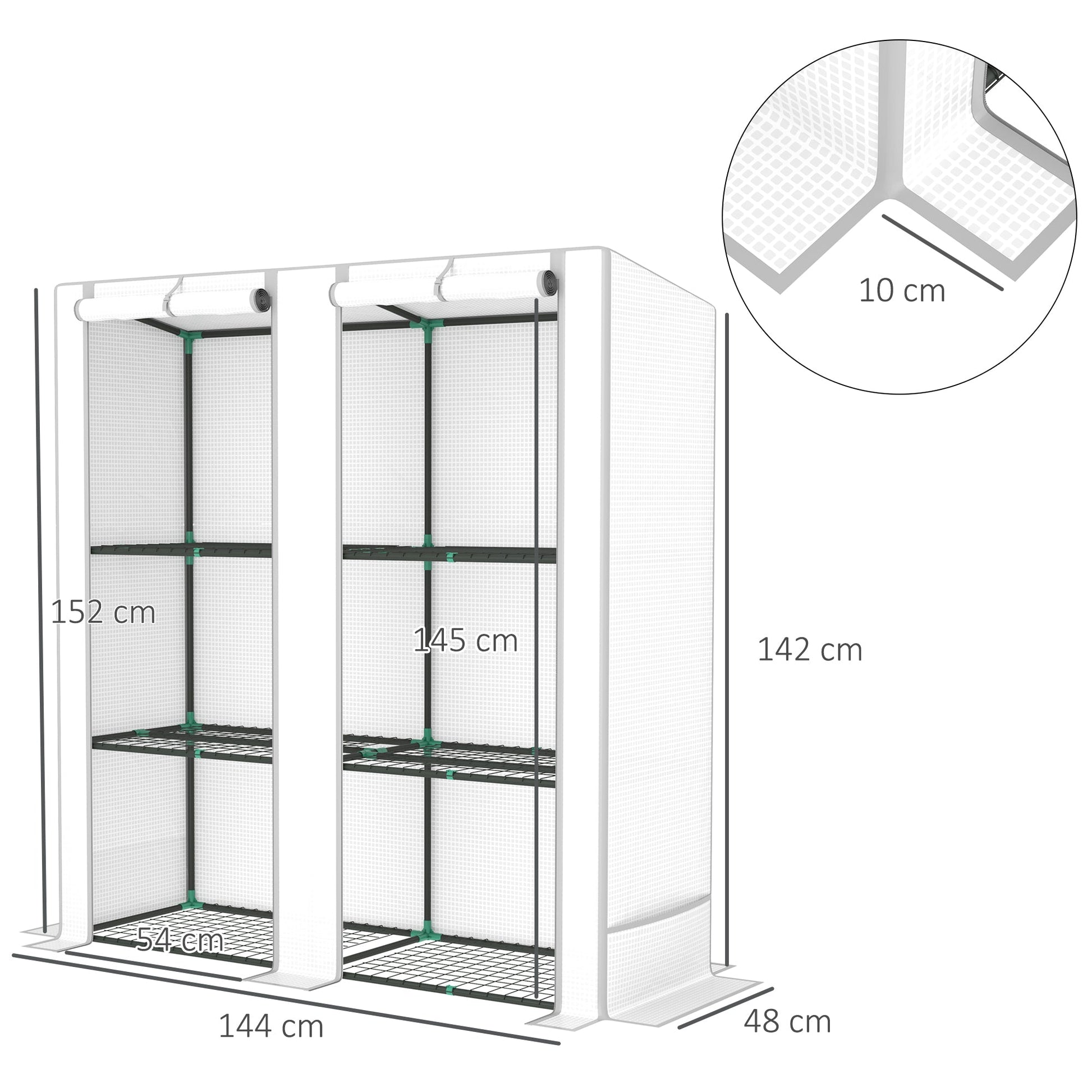 3 Tier Lean-to Mini Greenhouse with Reinforced PE Cover, Portable Small Greenhouse with Roll-Up Door, Grey Hemmed Edging, 144 x 48 x 152cm, White