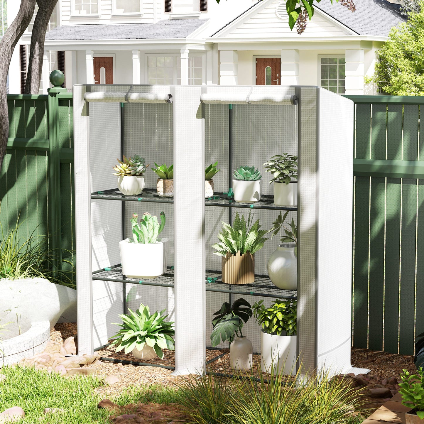3 Tier Lean-to Mini Greenhouse with Reinforced PE Cover, Portable Small Greenhouse with Roll-Up Door, Grey Hemmed Edging, 144 x 48 x 152cm, White