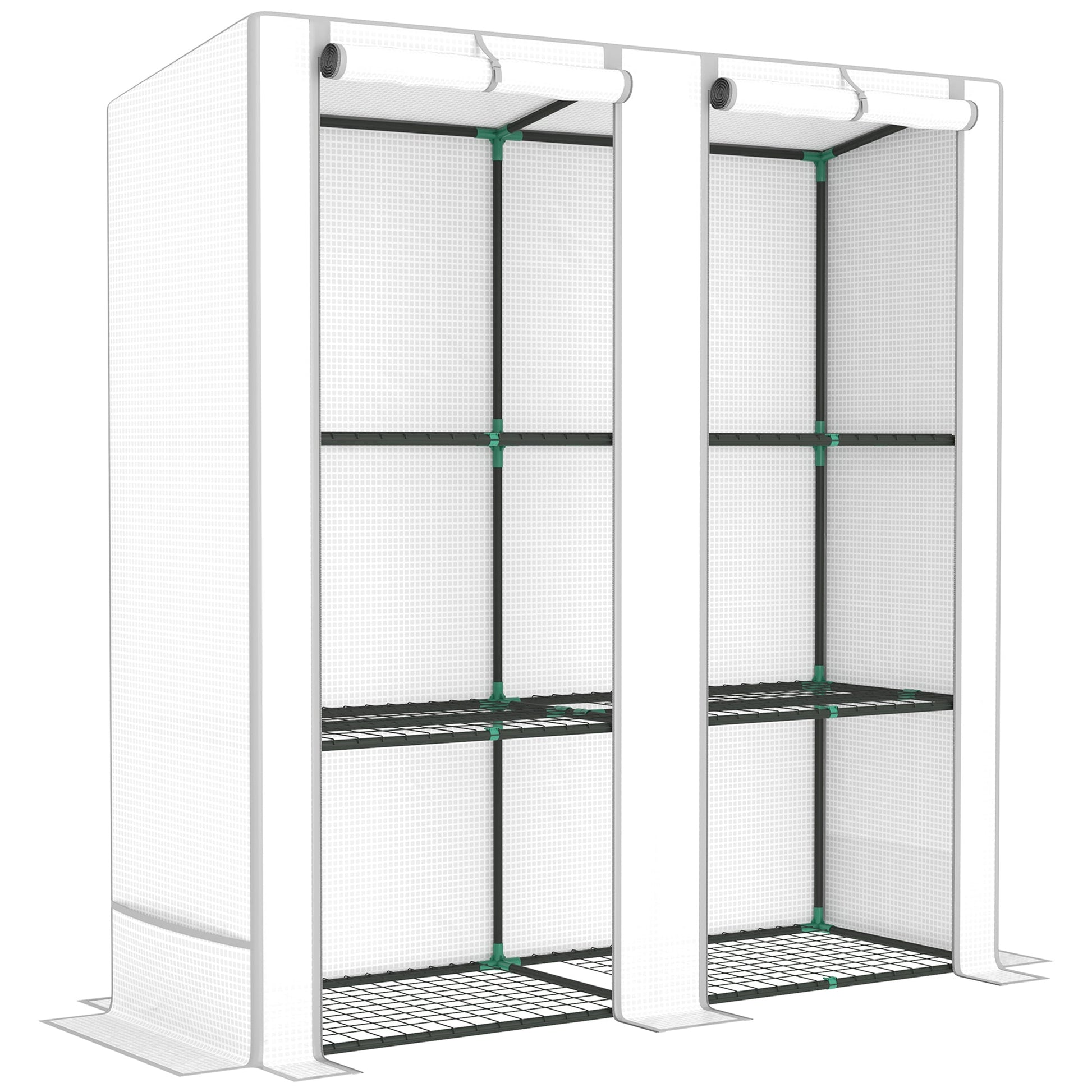 3 Tier Lean-to Mini Greenhouse with Reinforced PE Cover, Portable Small Greenhouse with Roll-Up Door, Grey Hemmed Edging, 144 x 48 x 152cm, White