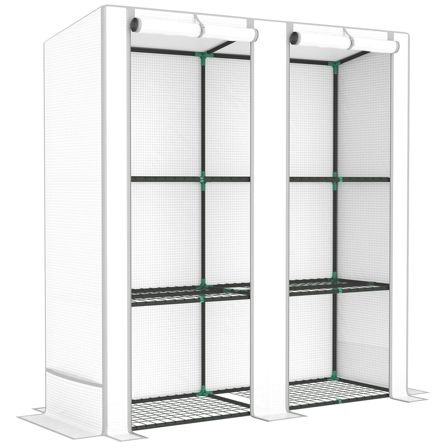 3 Tier Lean-to Mini Greenhouse with Reinforced PE Cover, Portable Small Greenhouse with Roll-Up Door, Grey Hemmed Edging, 144 x 48 x 152cm, White