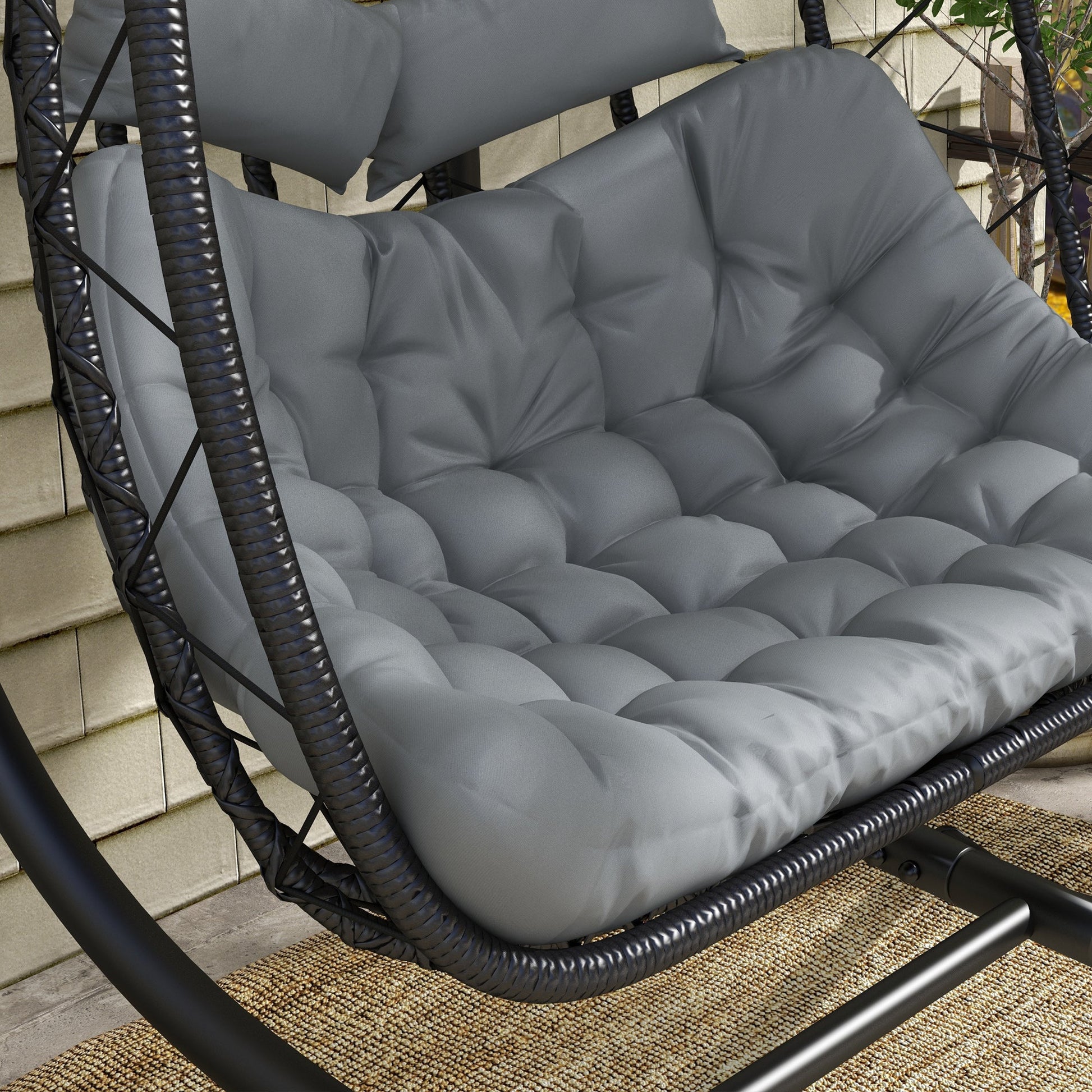 Outdoor PE Rattan 2 Seaters Swing Chair with Thick Padded Cushion, Patio Hanging Egg Chair with Metal Stand, Headrest, for Indoor and Outdoor, Black
