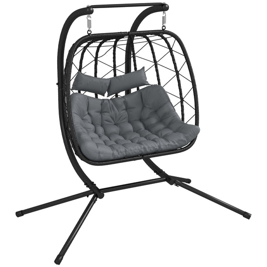 Outdoor PE Rattan 2 Seaters Swing Chair with Thick Padded Cushion, Patio Hanging Egg Chair with Metal Stand, Headrest, for Indoor and Outdoor, Black
