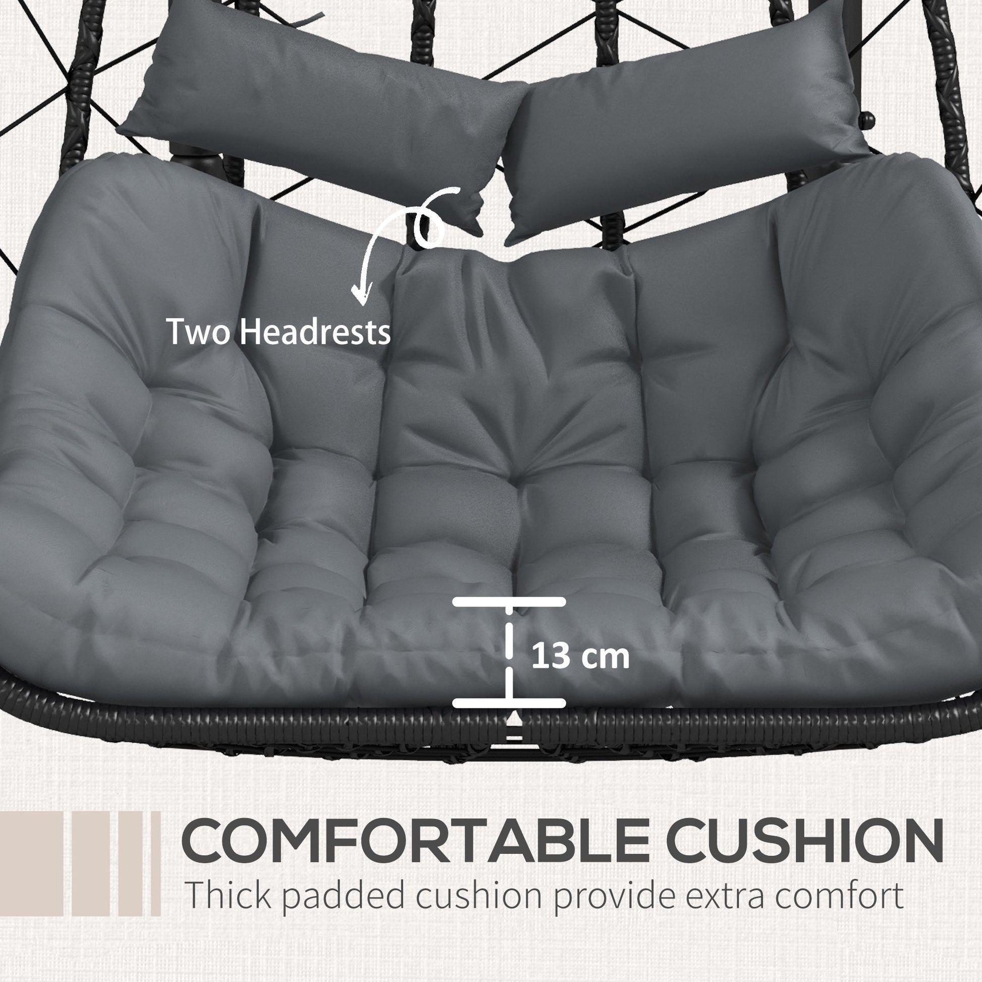 Outdoor PE Rattan 2 Seaters Swing Chair with Thick Padded Cushion, Patio Hanging Egg Chair with Metal Stand, Headrest, for Indoor and Outdoor, Black