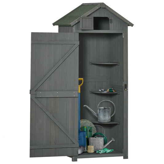Wooden Garden Shed, Utility Outdoor Small Shed with Lockable Double Doors, Shelves and Roof Hatch, Grey