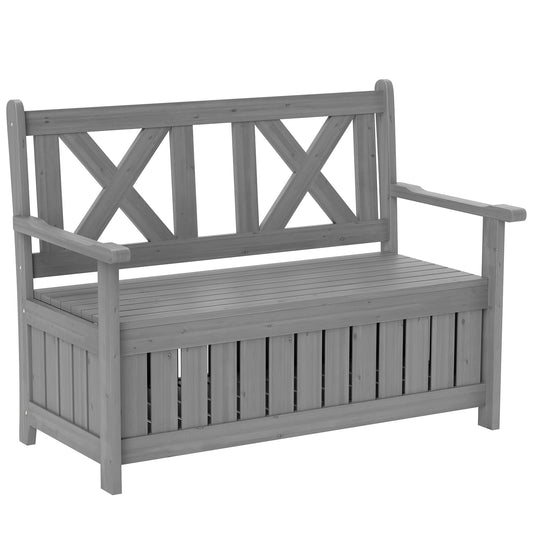 Wood Garden Bench 2 Seater Storage Chest Patio Seating Chair with High Back and Armrest, Charcoal Grey