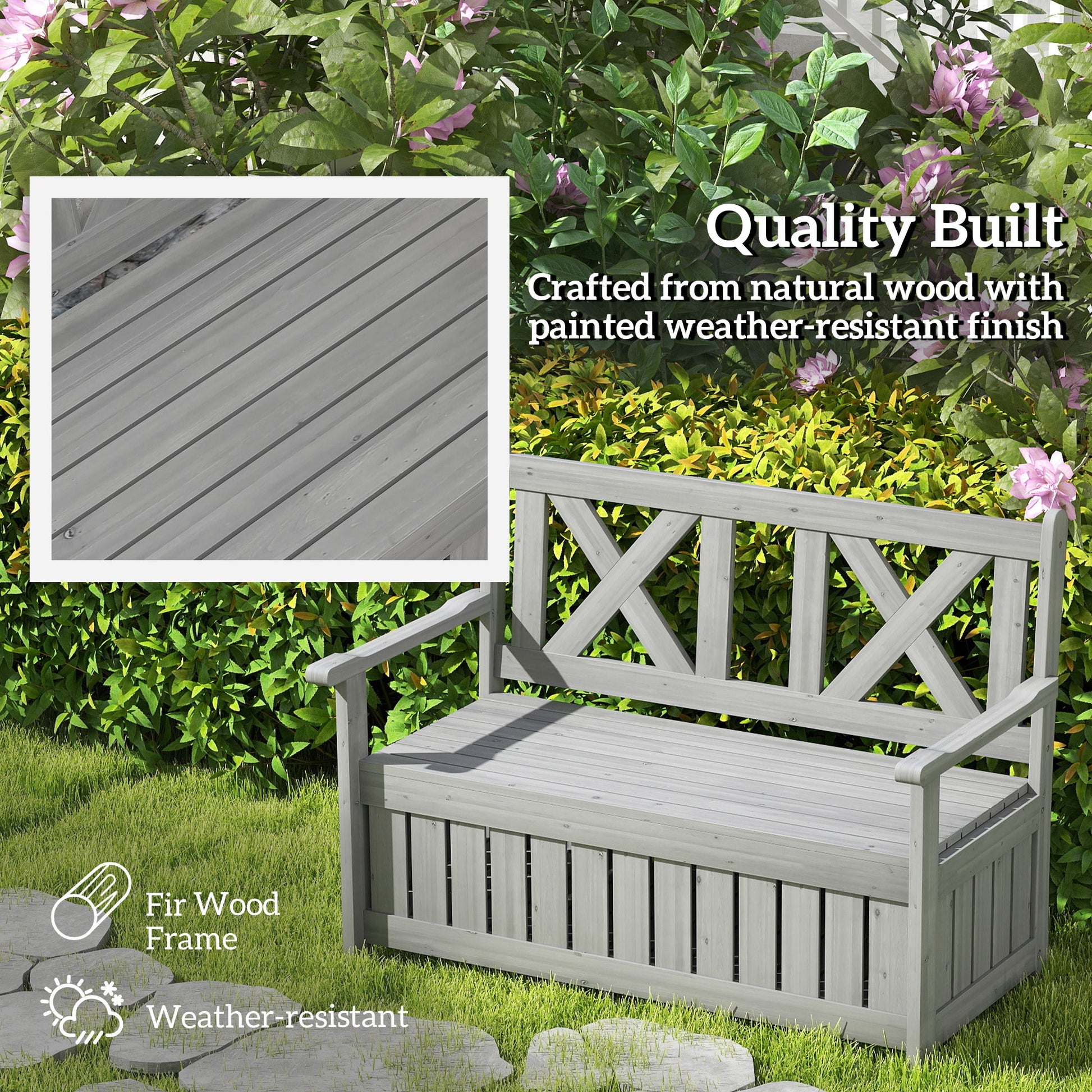 Wood Garden Bench 2 Seater Storage Chest Patio Seating Chair with High Back and Armrest, Charcoal Grey