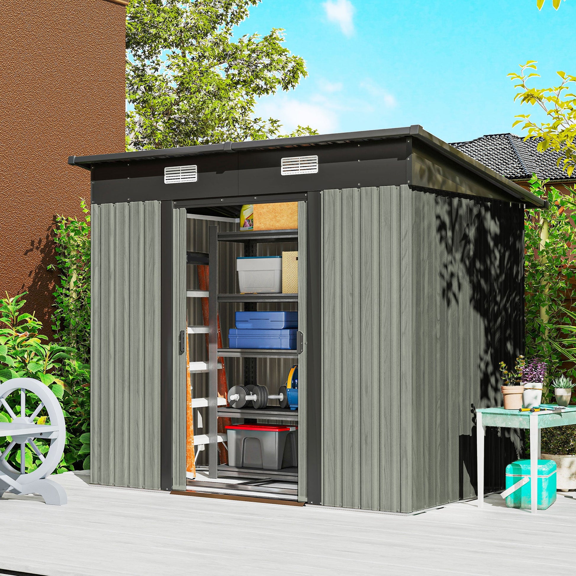 7 x 4ft Outdoor Storage Shed with Foundation Kit, Lean to Metal Garden Shed for Log, Rubbish Bin, Tool, Lawnmower, Bike, Patio Use, Light Grey Wood Effect