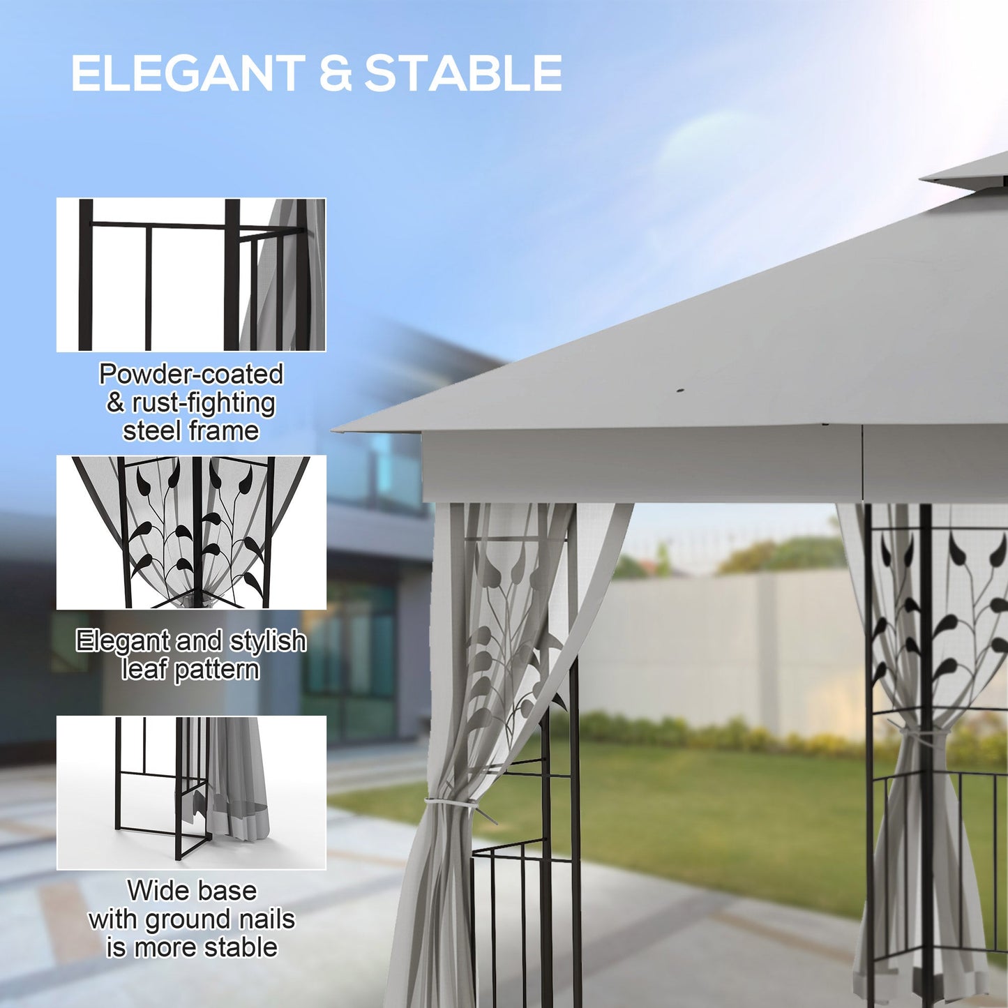 3(m) x 3(m) Garden Gazebo, Double Roof Outdoor Gazebo Canopy Shelter with Netting, Solid Steel Frame, for Garden, Lawn and Deck, Light Grey
