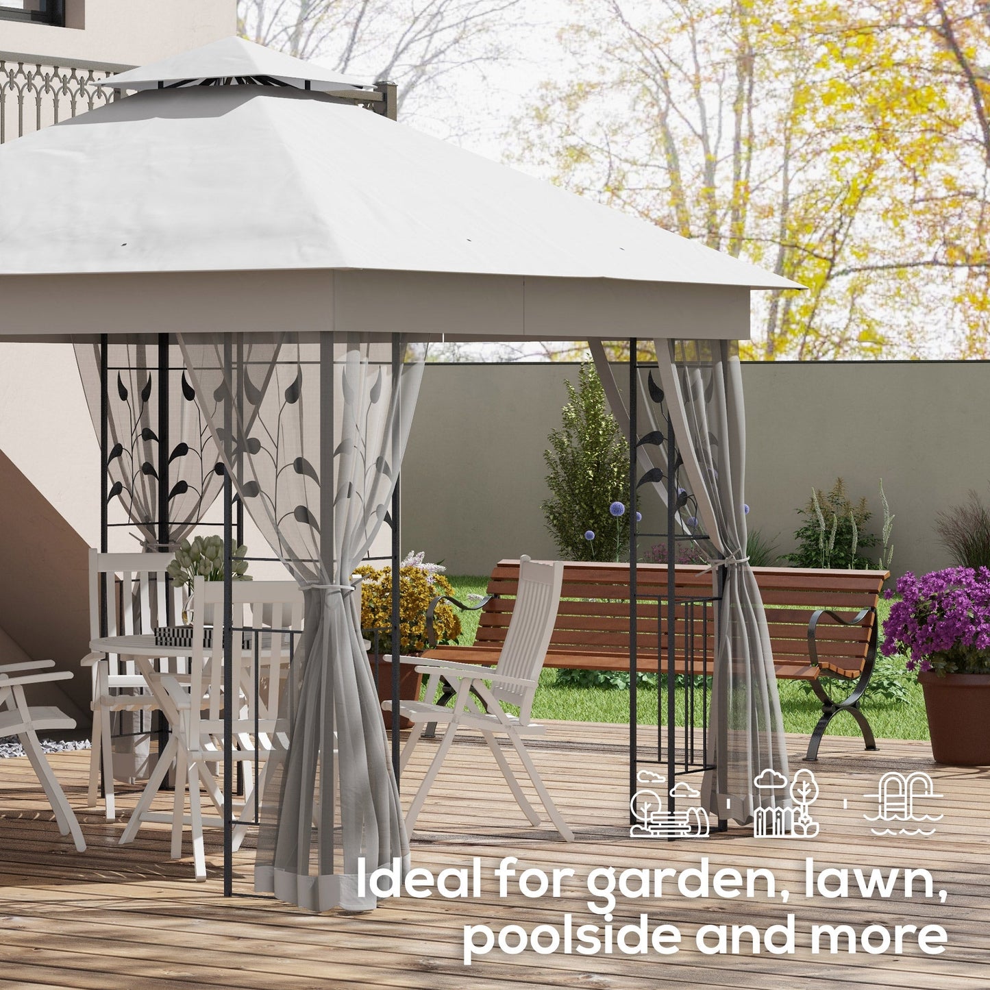 3(m) x 3(m) Garden Gazebo, Double Roof Outdoor Gazebo Canopy Shelter with Netting, Solid Steel Frame, for Garden, Lawn and Deck, Light Grey