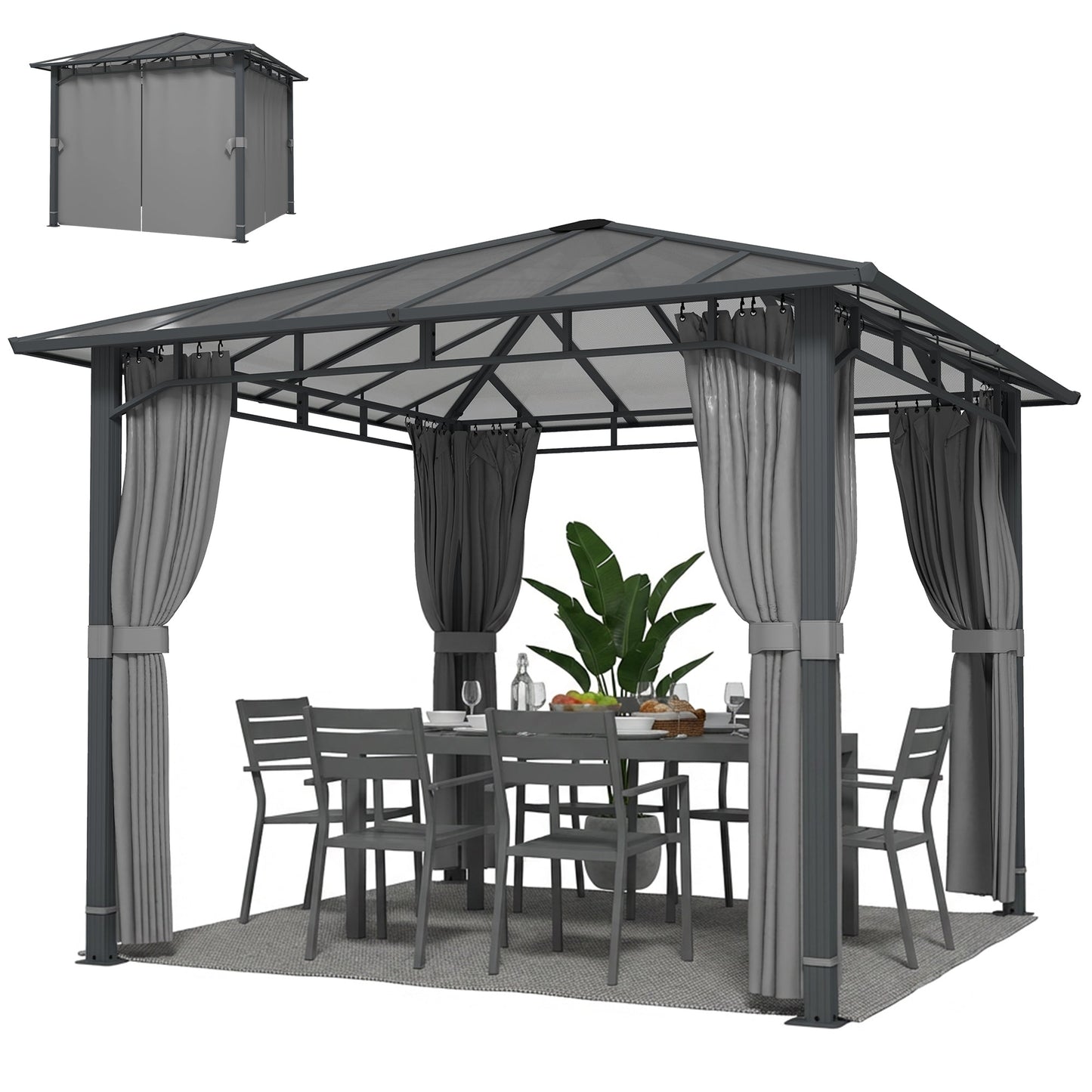 3 x 3 m Outdoor Hardtop Gazebo Canopy with Polycarbonate Roof, Waterproof Aluminium Permanent Pavilion Garden Gazebo Patio Shelter with Curtains, Tan