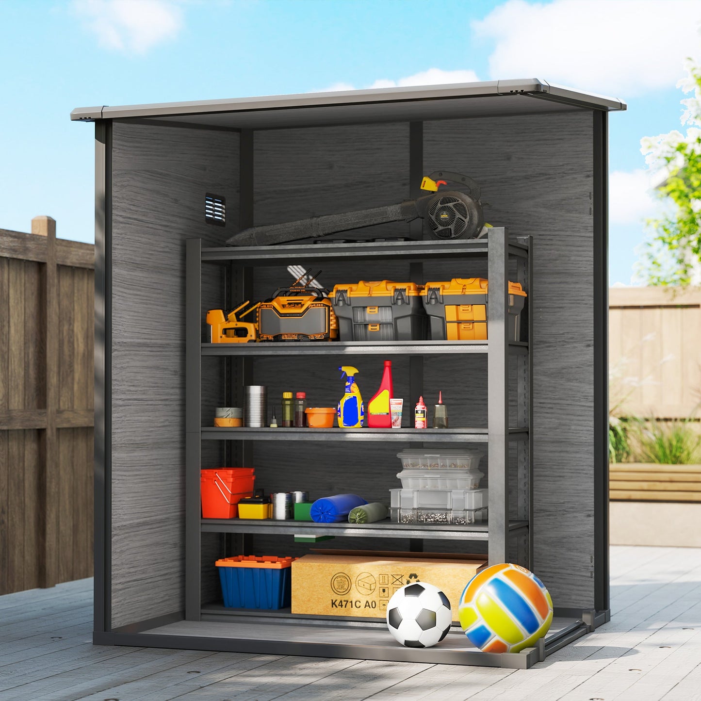 4 x 5FT Plastic Garden Shed with Floor, Lean to Outdoor Storage Shed, Lockable Tool Storage House with Window, Vent and Plastic Roof, Wood-Effect