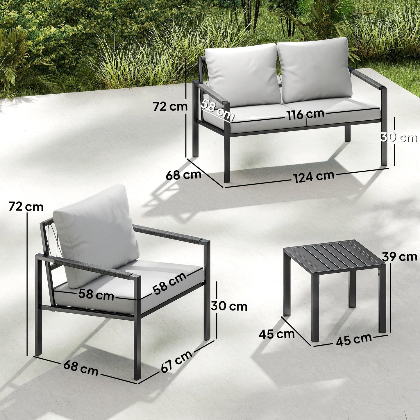 4 Seater Garden Furniture Set, 5 Piece Metal Garden Sofa Set with Thickened Cushions, Outdoor Patio Conversation Furniture with Loveseat, 2 Armchairs, 2 Coffee Tables for Balcony, Light Grey
