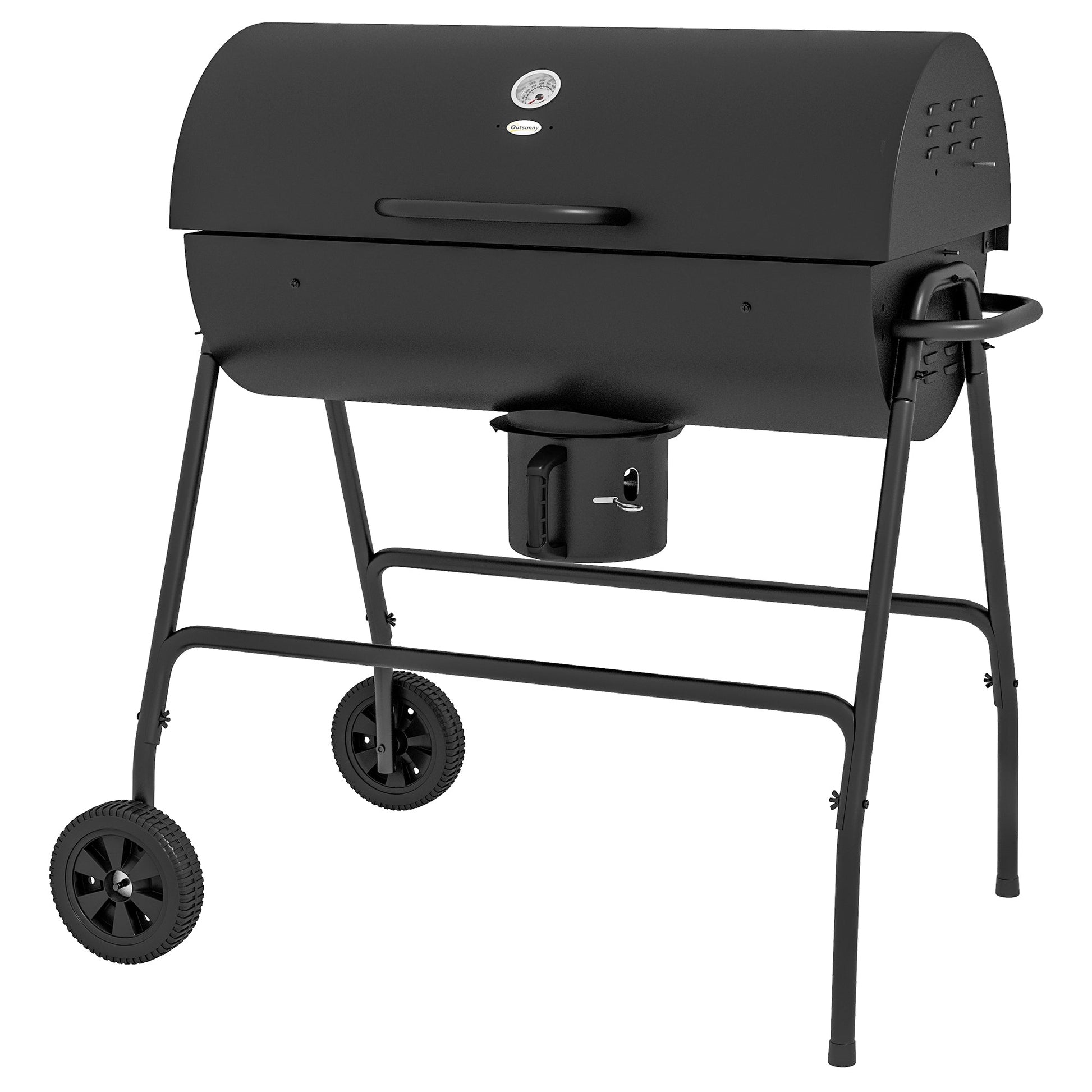 Charcoal Barbecue Grill, Portable Barrel BBQ Trolley Smoker with Wheels, Ash Catcher and Thermometer for Outdoor Garden Party Cooking, Black