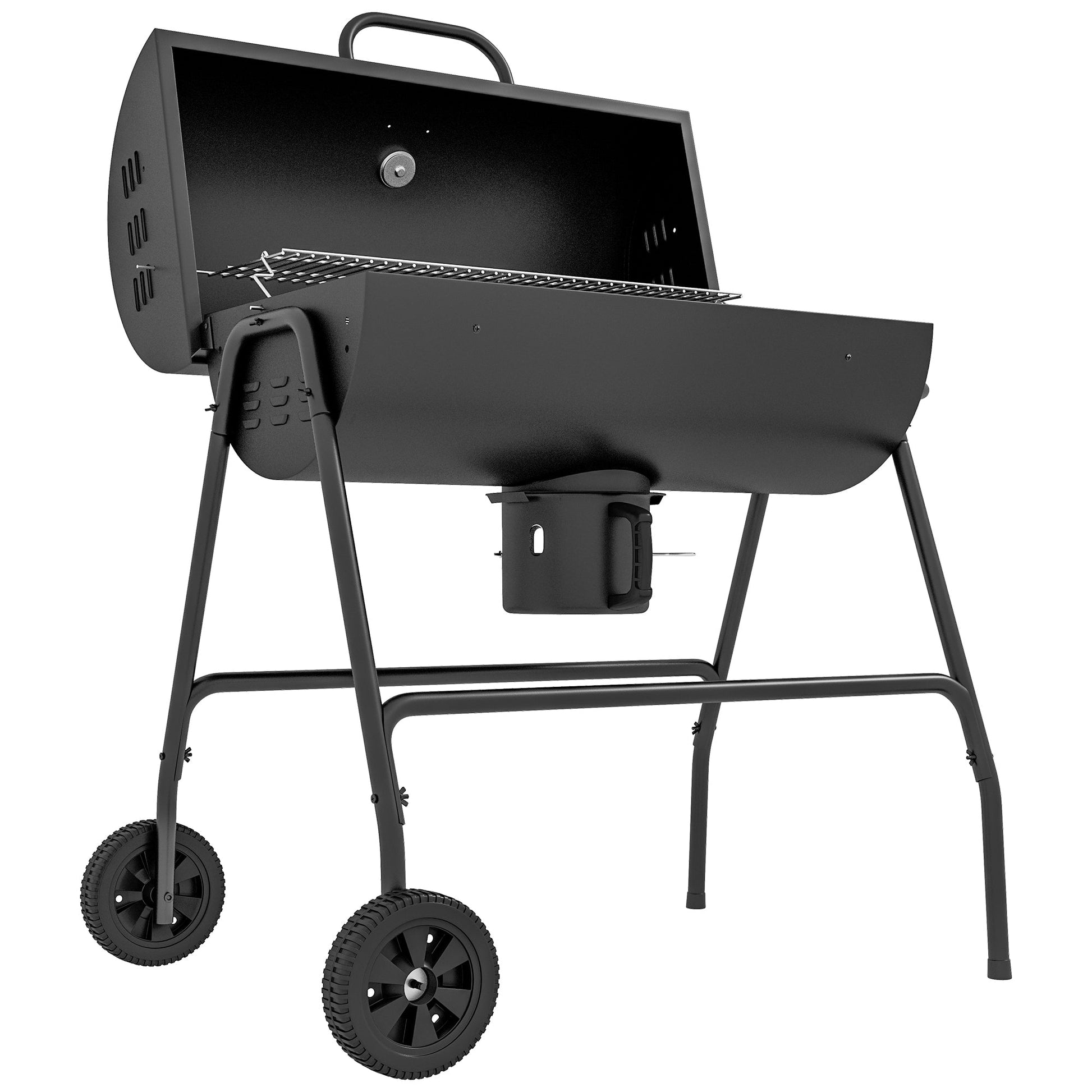 Charcoal Barbecue Grill, Portable Barrel BBQ Trolley Smoker with Wheels, Ash Catcher and Thermometer for Outdoor Garden Party Cooking, Black