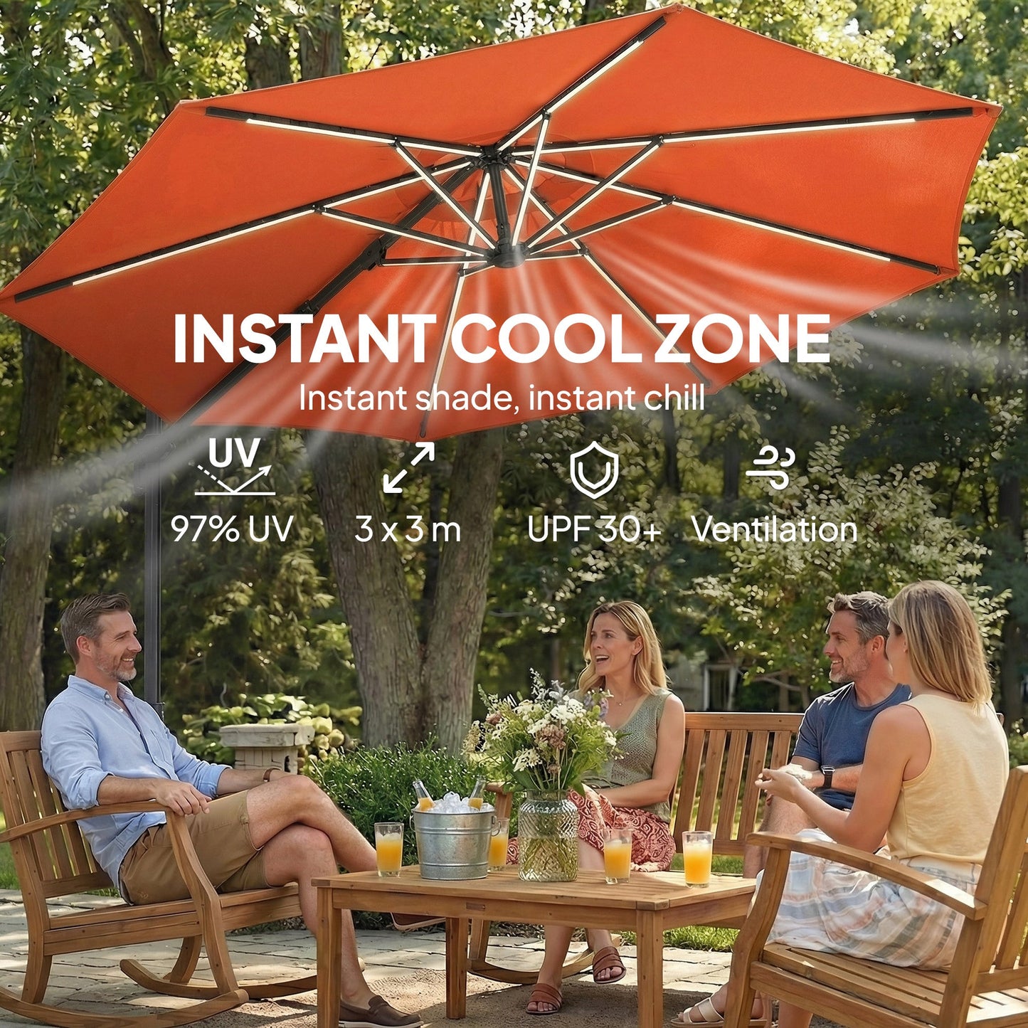 3 m Garden Cantilever Parasol with LED Solar Light, Round Overhanging Umbrella with 6-Position 360° Rotation, Crank Handle, Tilt, Cover, Banana Patio Umbrella for Outdoor Sun Shade, Orange