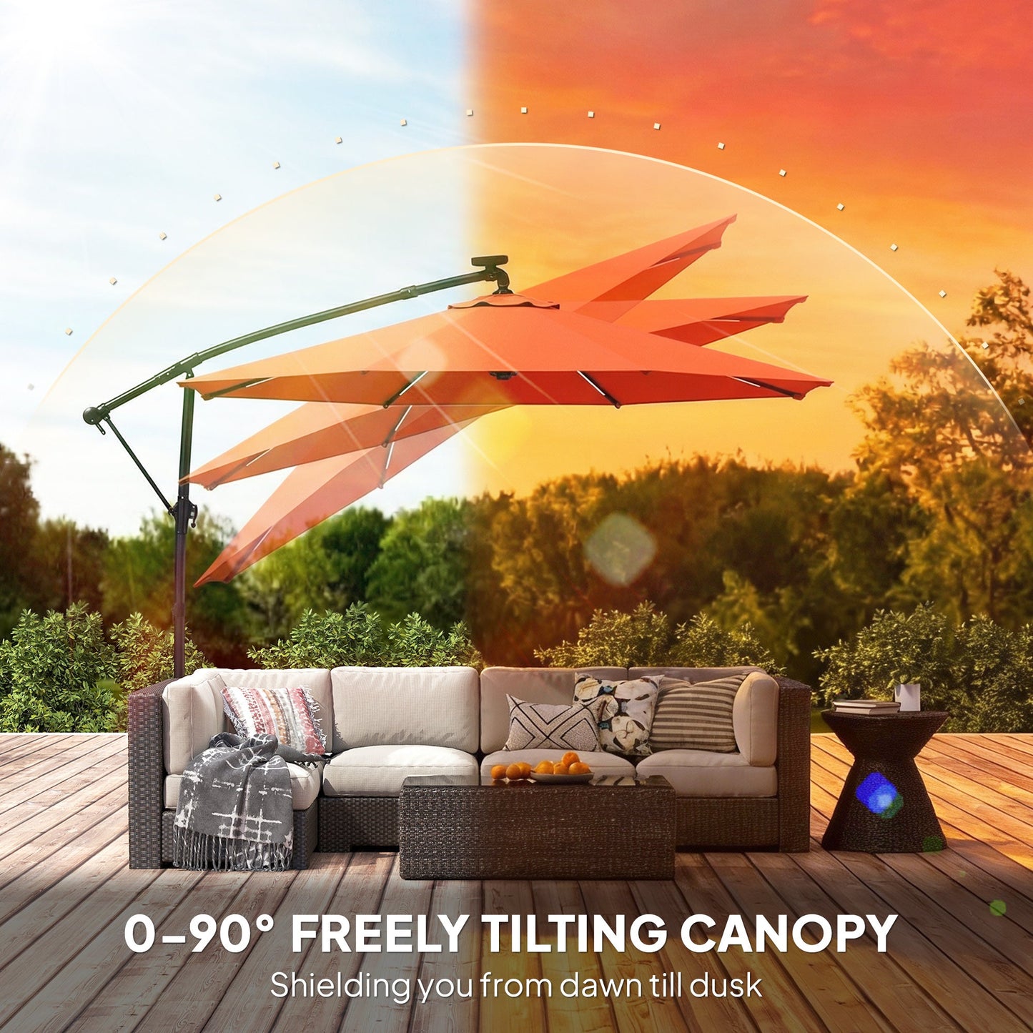 3 m Garden Cantilever Parasol with LED Solar Light, Round Overhanging Umbrella with 6-Position 360° Rotation, Crank Handle, Tilt, Cover, Banana Patio Umbrella for Outdoor Sun Shade, Orange