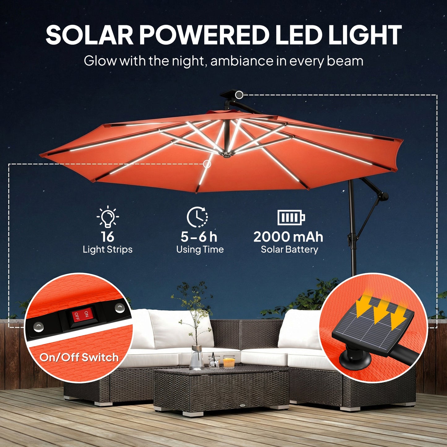 3 m Garden Cantilever Parasol with LED Solar Light, Round Overhanging Umbrella with 6-Position 360° Rotation, Crank Handle, Tilt, Cover, Banana Patio Umbrella for Outdoor Sun Shade, Orange