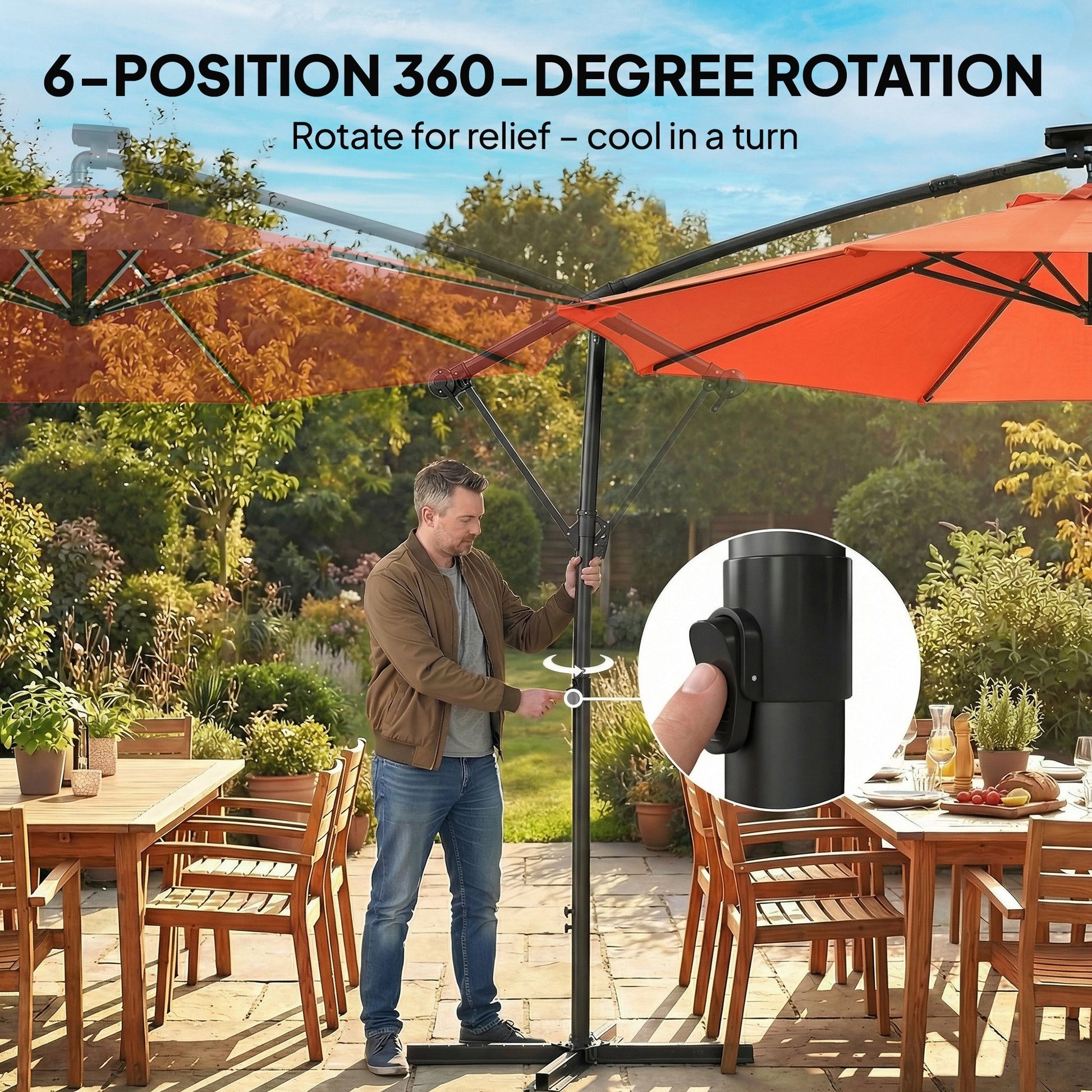 3 m Garden Cantilever Parasol with LED Solar Light, Round Overhanging Umbrella with 6-Position 360° Rotation, Crank Handle, Tilt, Cover, Banana Patio Umbrella for Outdoor Sun Shade, Orange