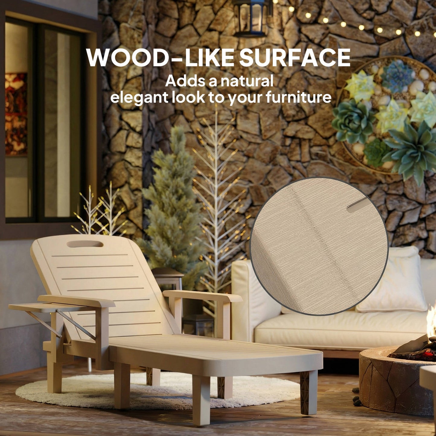 Set of 2 Resin Reclining Sun Loungers for Garden, 5 Positions Adjustable Outdoor Chaise Lounge Chair with Wood Texture Surface, Armrests, Foldable Side Table for Garden, Beach, Khaki