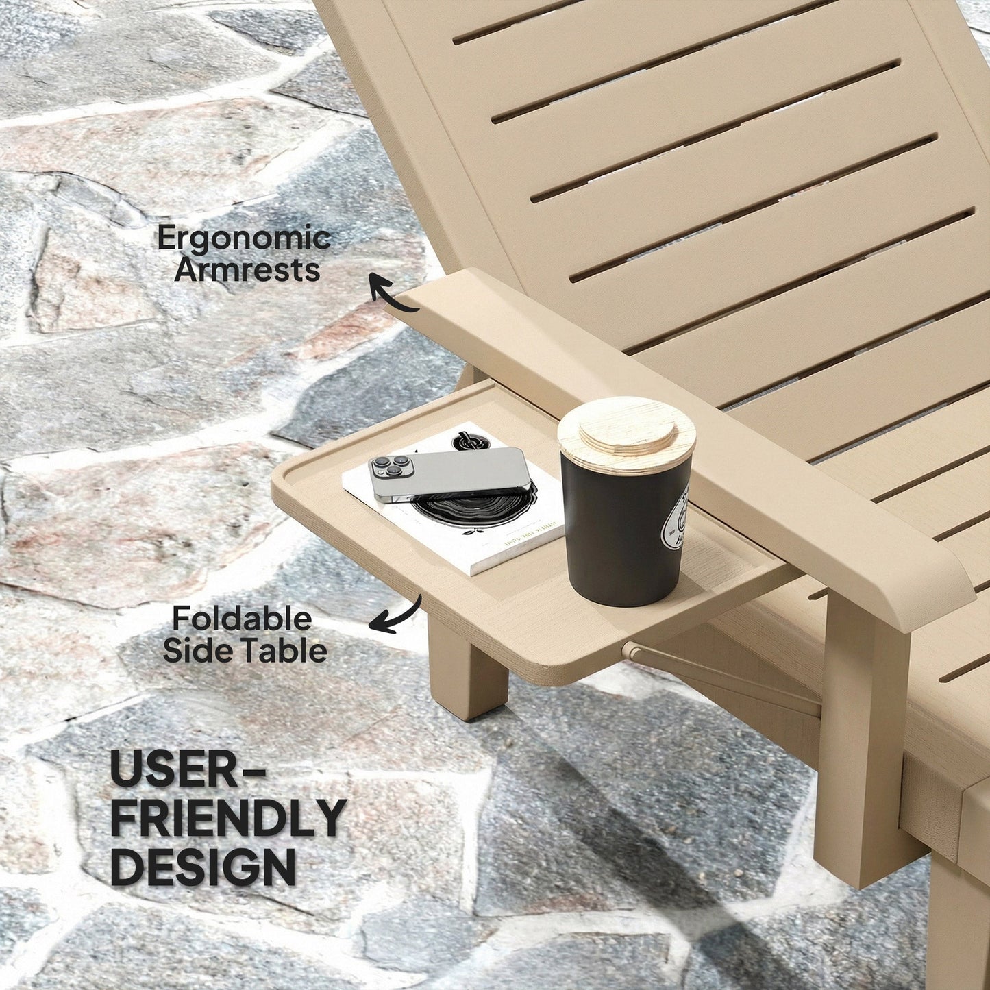 Set of 2 Resin Reclining Sun Loungers for Garden, 5 Positions Adjustable Outdoor Chaise Lounge Chair with Wood Texture Surface, Armrests, Foldable Side Table for Garden, Beach, Khaki