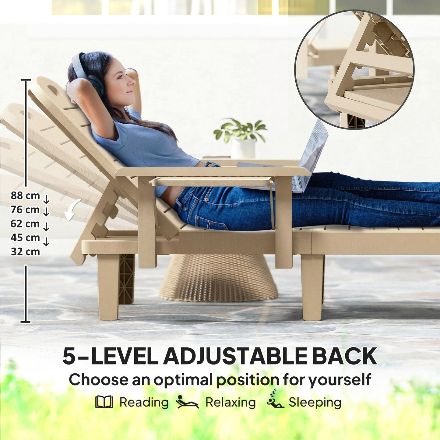 Set of 2 Resin Reclining Sun Loungers for Garden, 5 Positions Adjustable Outdoor Chaise Lounge Chair with Wood Texture Surface, Armrests, Foldable Side Table for Garden, Beach, Khaki