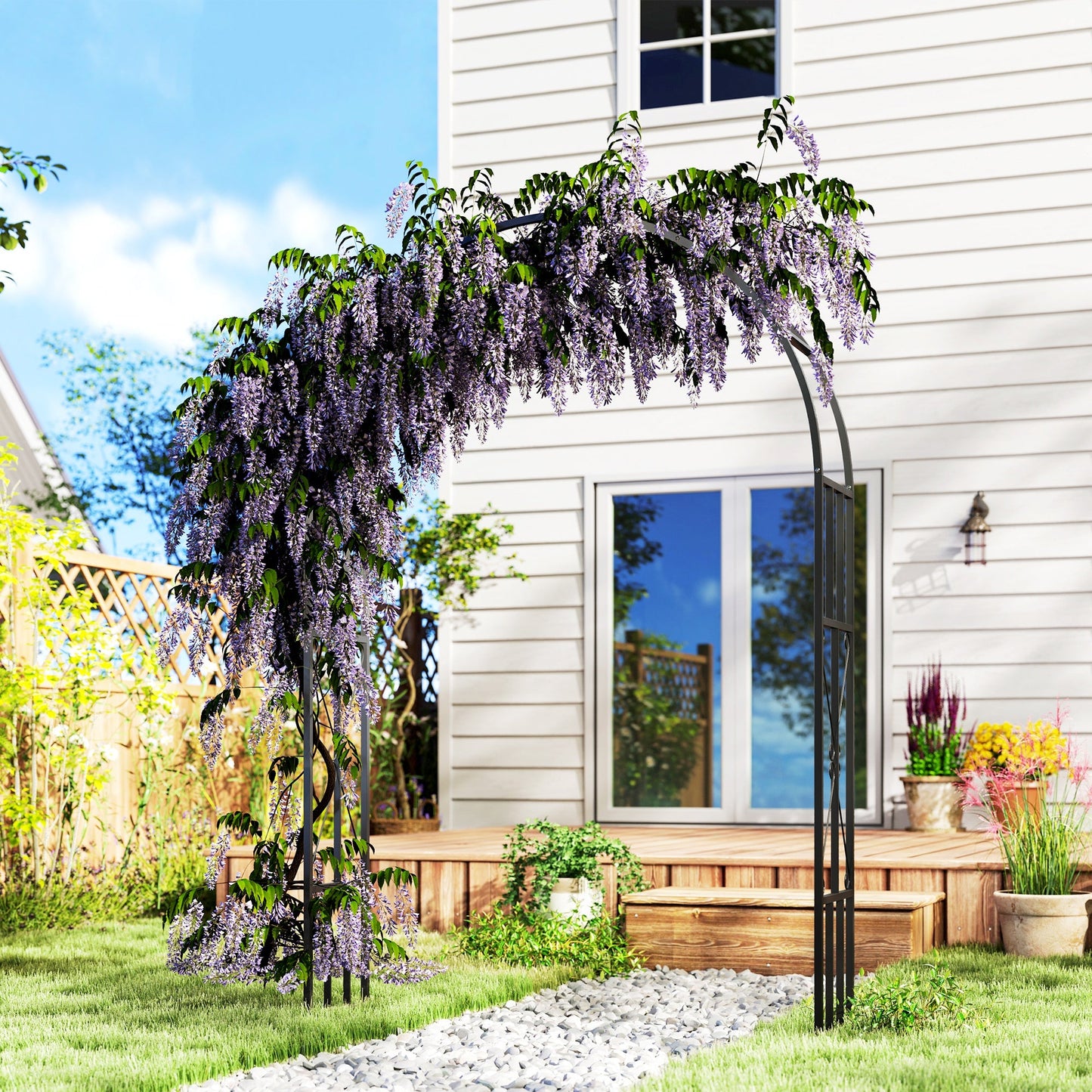 Steel Garden Arch, 2.2m High x 1.5m Wide Metal Garden Trellis for Climbing Plants Roses Wisteria Vines, Outdoor Wedding Arch for Bridal Party Ceremony Decoration, Black