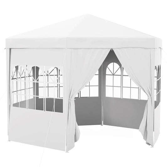 4m Hexagonal Gazebo Canopy Party Tent with 6 Removable Side Walls for Outdoor Event with Windows and Doors, White